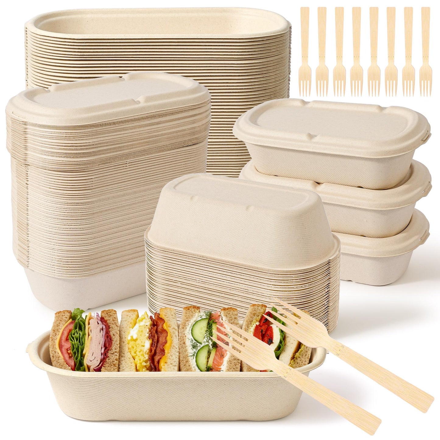 FEHHTO 100-Pack 30oz Disposable Meal Prep Containers with Lids, Sugarcane Pulp Compostable Food Containers + 100 Bamboo Forks, To-Go Food Containers