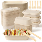 FEHHTO 100-Pack 30oz Disposable Meal Prep Containers with Lids, Sugarcane Pulp Compostable Food Containers + 100 Bamboo Forks, To-Go Food Containers