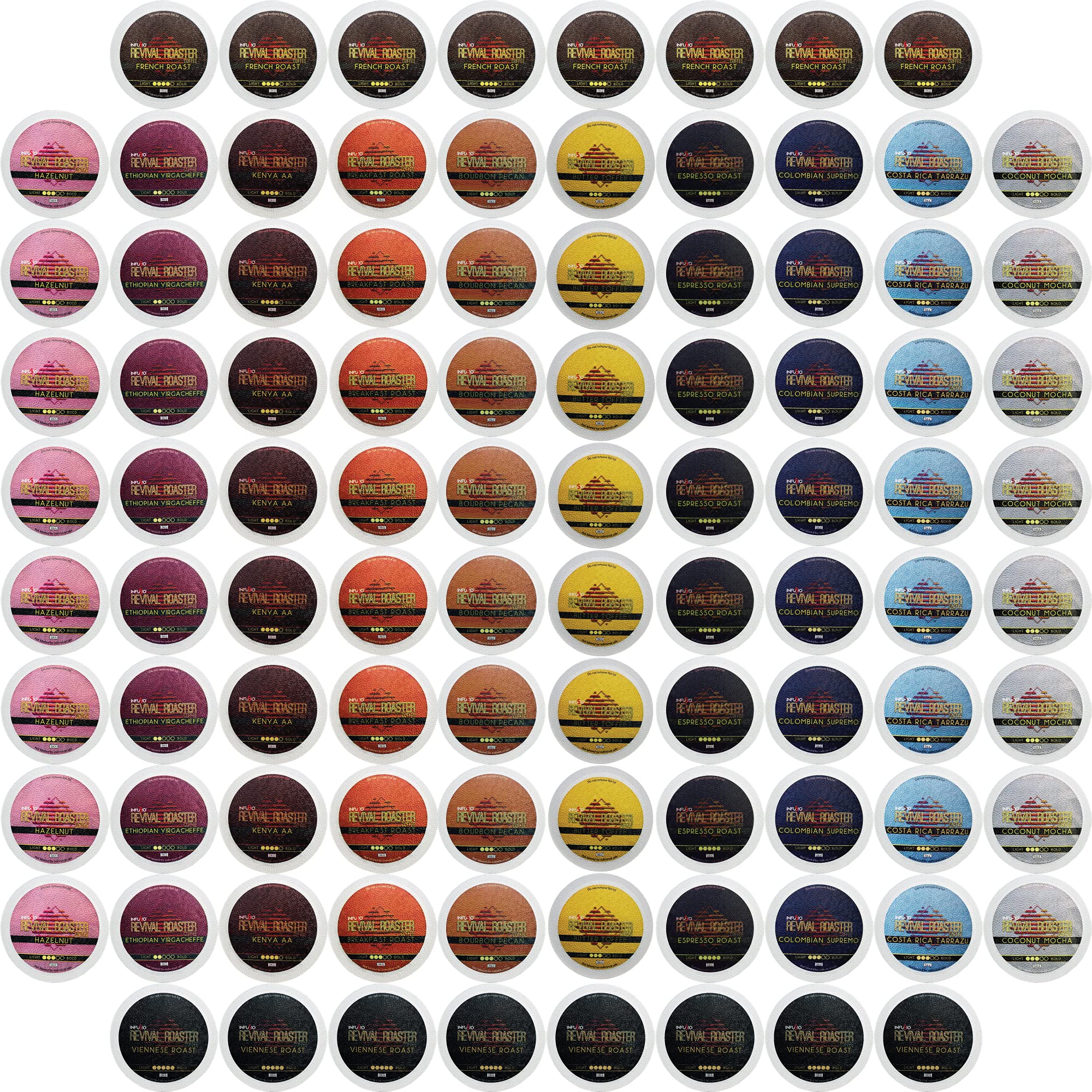InfuSio Coffee Pods Variety Pack - 96 Count, 12 Crafted Medium & Dark Roast Blends and Artisan-Inspired Flavors Like Bourbon Pecan & Butter Toffee