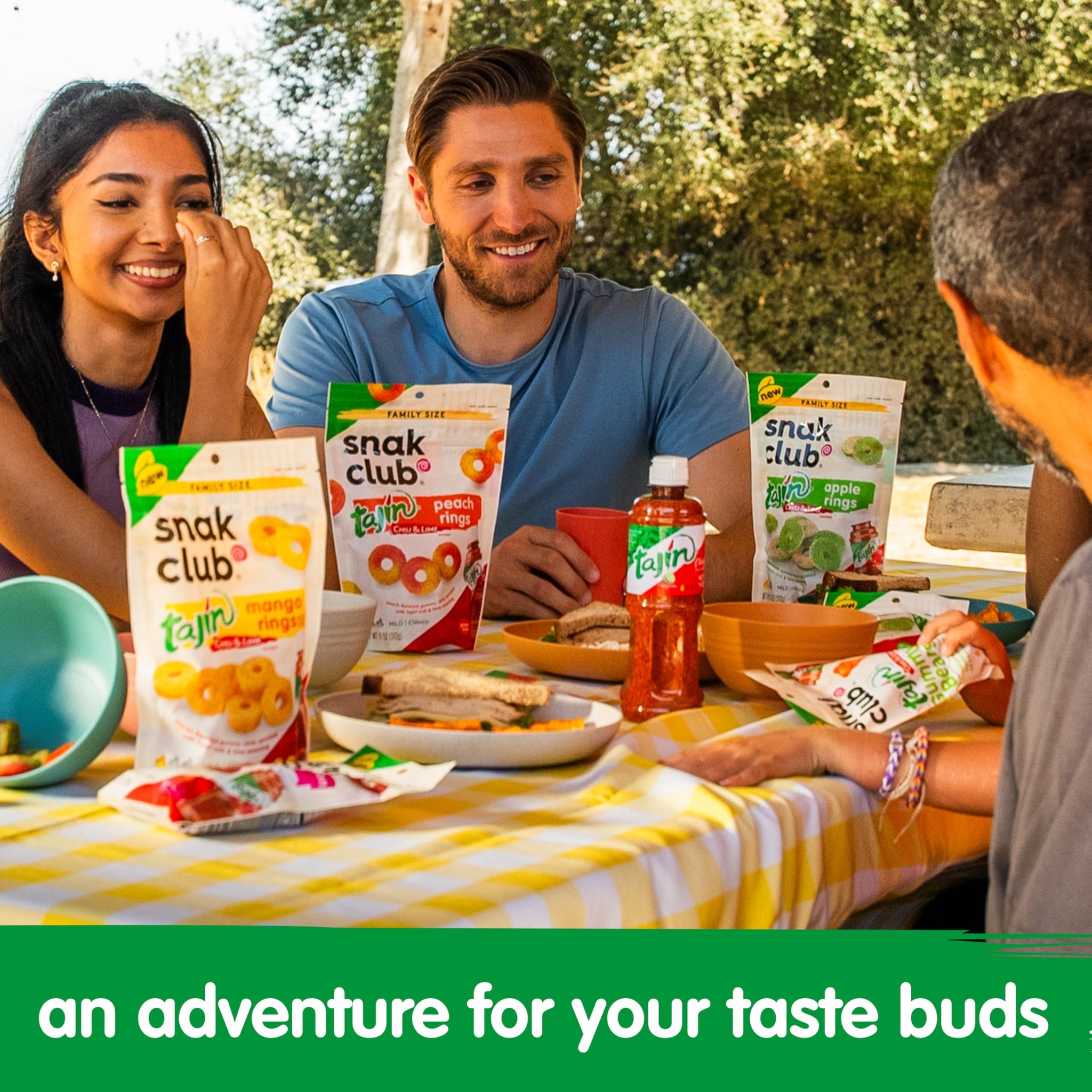Snak Club Tajin Gummy Candy Fruit Rings, Gummies with Chili and Lime Seasoning, Mild Spice, Gluten-Free and Vegan Snacks, Assorted Variety, Mango