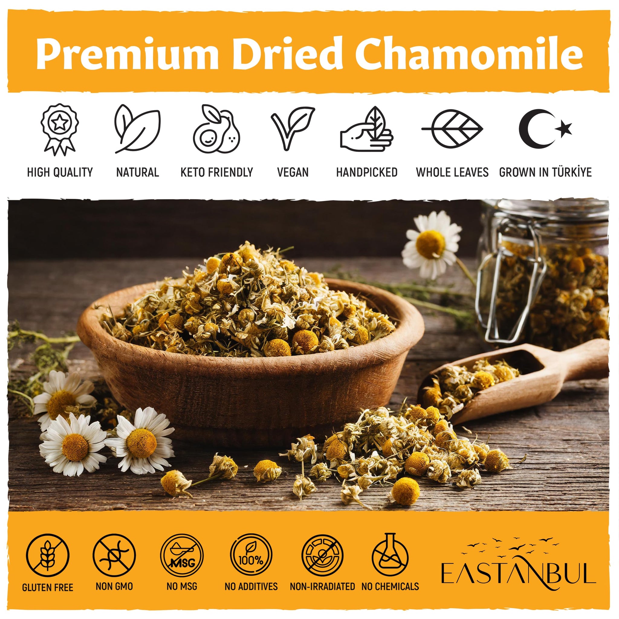 Eastanbul Chamomile Flowers Loose Dried, 3.5oz, Dried Chamomile Tea Loose Leaf, Flor de Manzanilla, Caffeine-Free Camomile Tea, Camomille Herb, Full