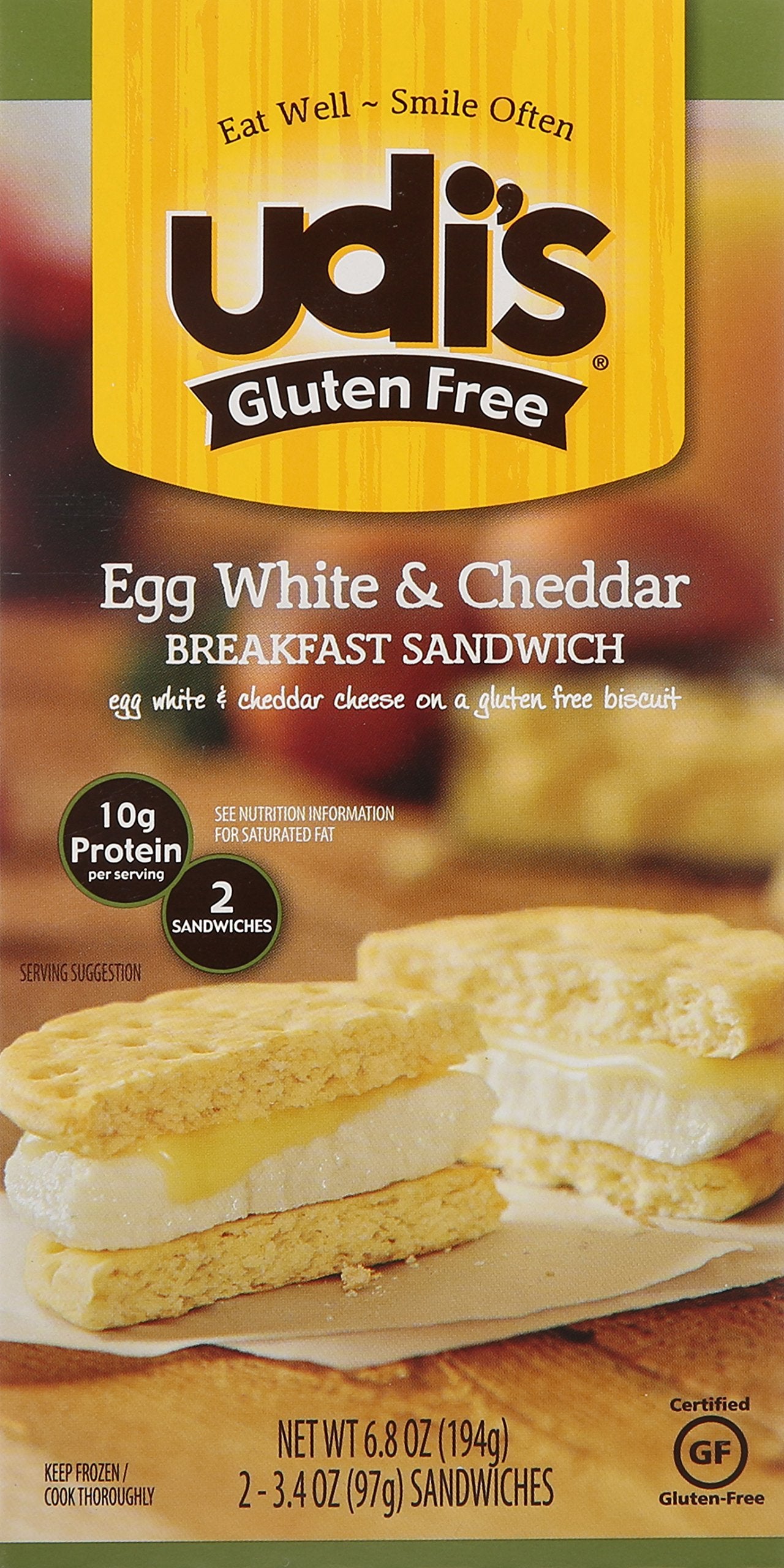 Udi's Gluten Free Breakfast Sandwich, Egg White and Cheddar, 2 ct (frozen)