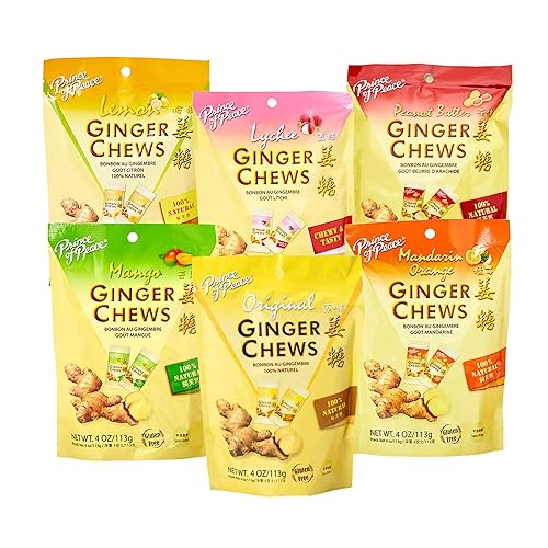 Prince of Peace Ginger Chews Candy Bundle - Original, Lemon, Orange, Mango, Lychee and Peanut Butter Flavors - 100% Natural, Vegan and Gluten-Free
