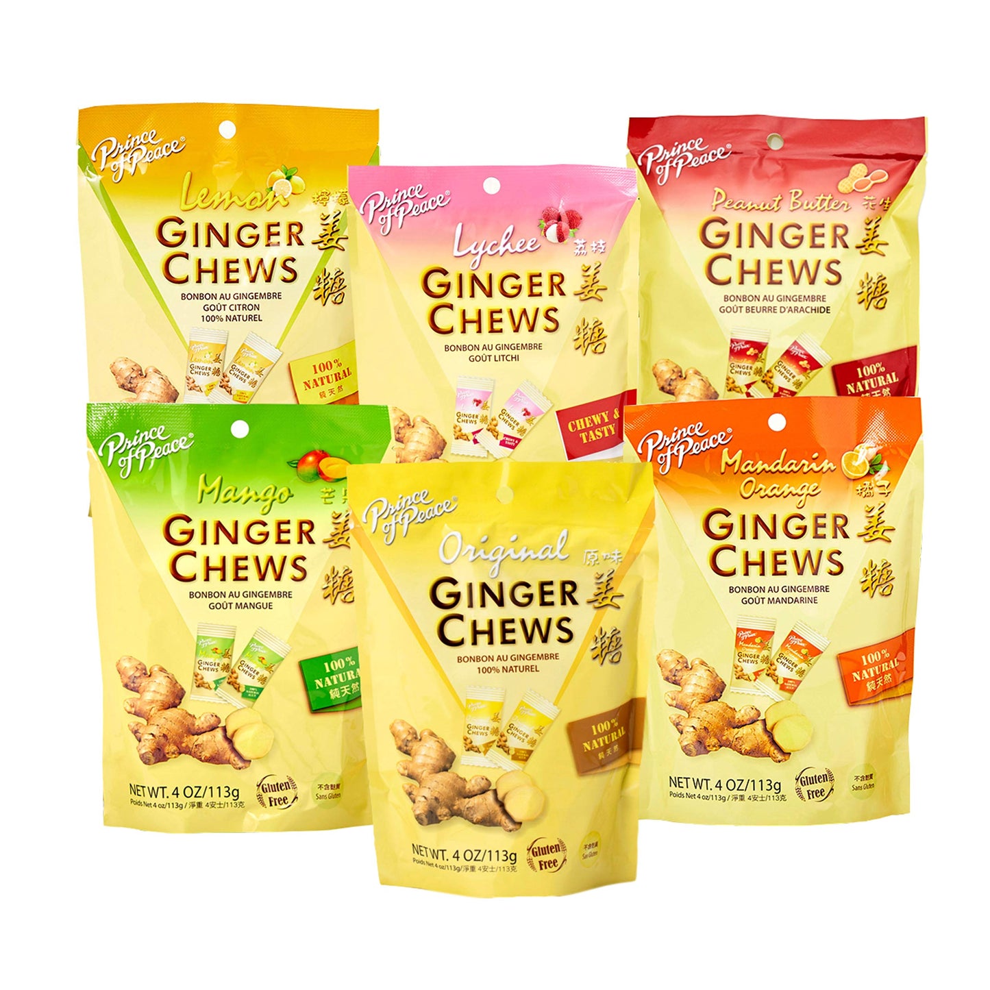 Prince of Peace Ginger Chews Candy Bundle - Original, Lemon, Orange, Mango, Lychee and Peanut Butter Flavors - 100% Natural, Vegan and Gluten-Free