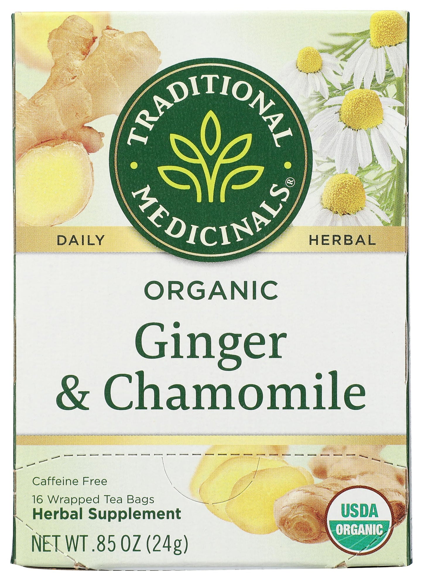 Traditional Medicinals Organic Ginger & Chamomile Herbal Tea, Relieves Occasional Indigestion or Nausea, (Pack of 1) - 16 Tea Bags