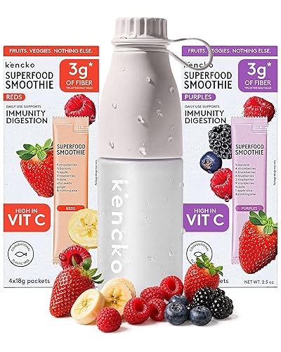 kencko Instant Smoothie Powder Mix Starter Kit, 8 Pack with Reusable Bottle - Reds & Purples - Freeze-Dried Fruit & Veggie Superfood Powdered Drink