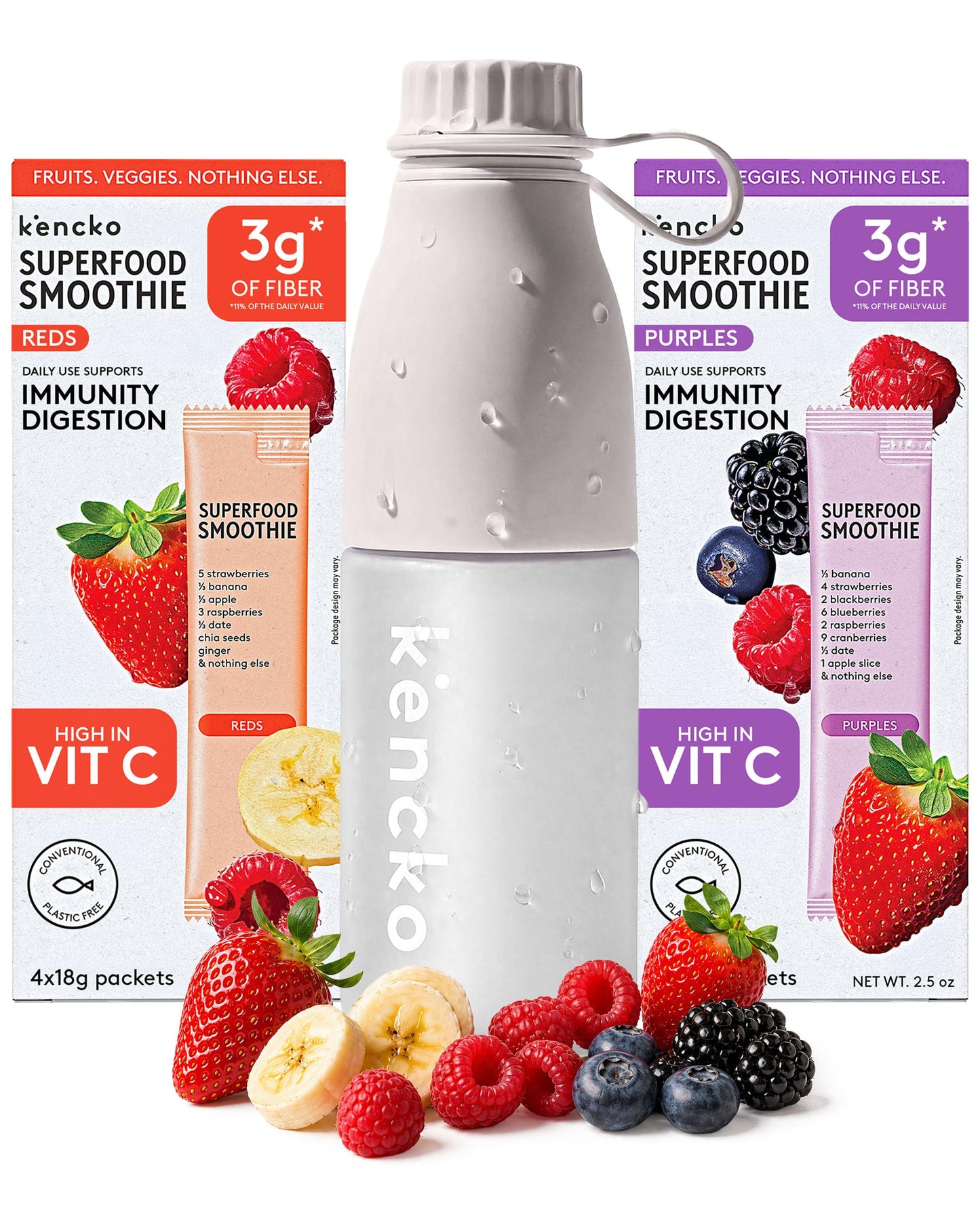 kencko Instant Smoothie Powder Mix Starter Kit, 8 Pack with Reusable Bottle - Reds & Purples - Freeze-Dried Fruit & Veggie Superfood Powdered Drink