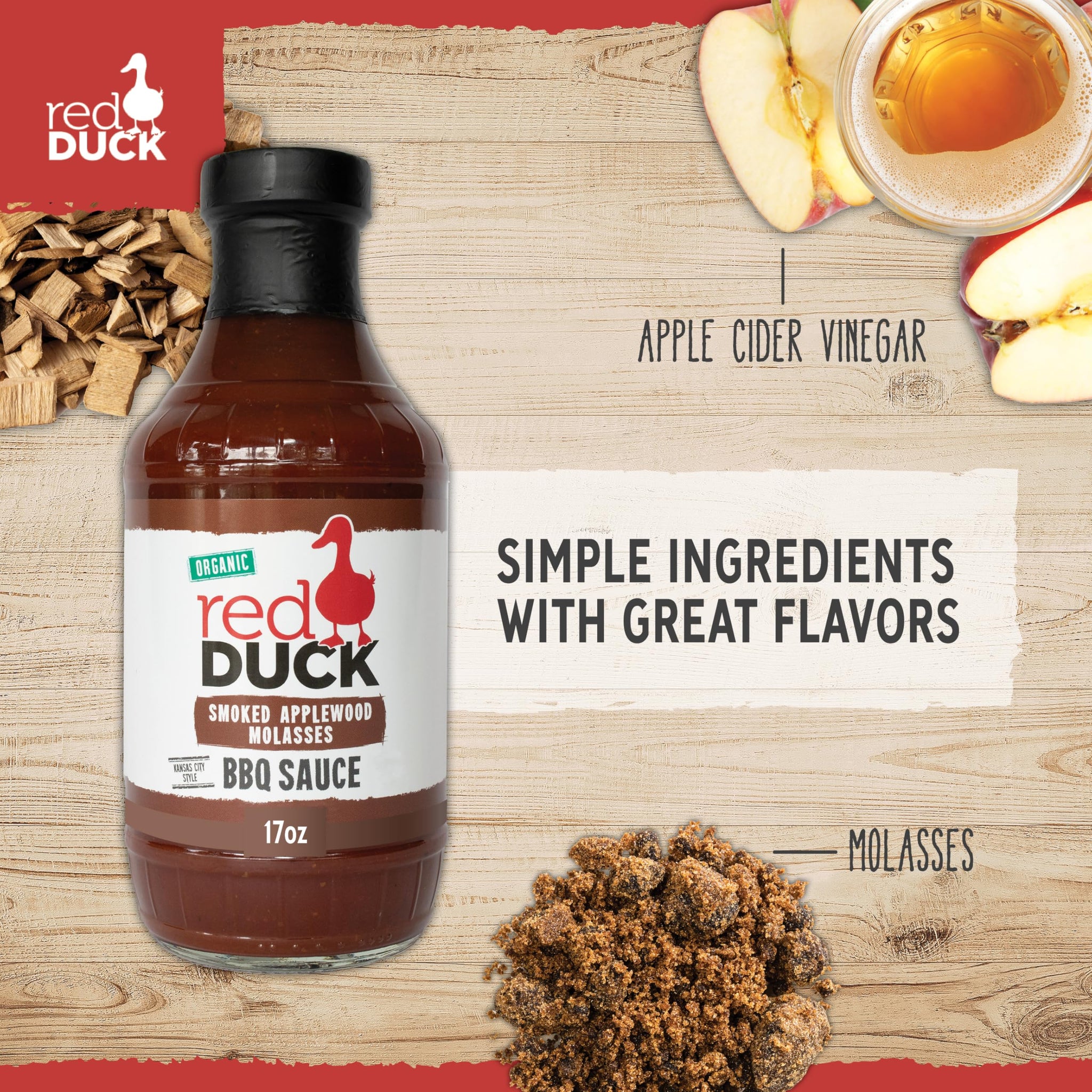Red Duck Smoked Applewood Molasses Organic BBQ Sauce - Kansas City Style barbecue sauce, 17 ounces