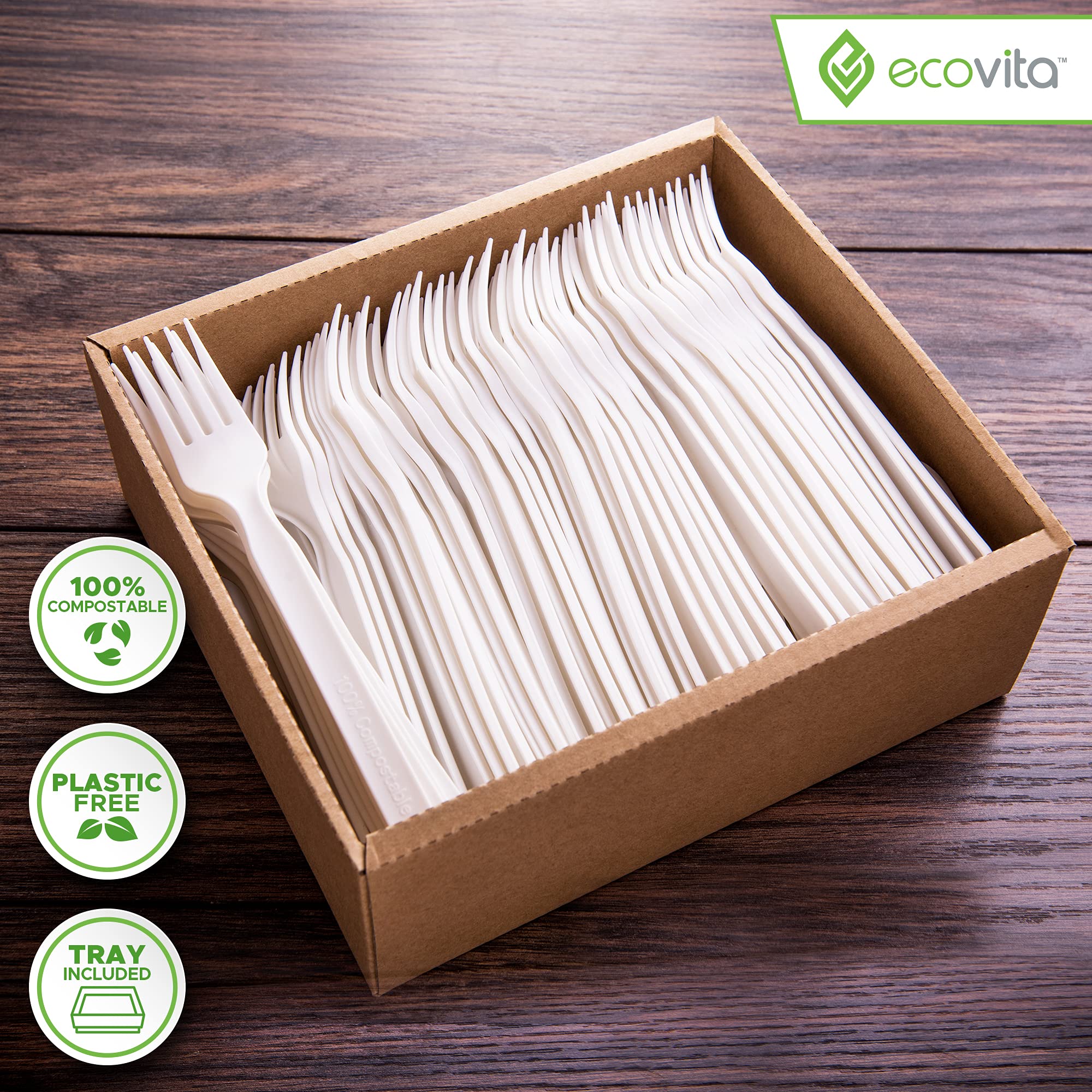 100% Compostable Forks - 140 Large Disposable Utensils (7 in.) Eco Friendly Durable and Heat Resistant Alternative to Plastic Forks with Convenient