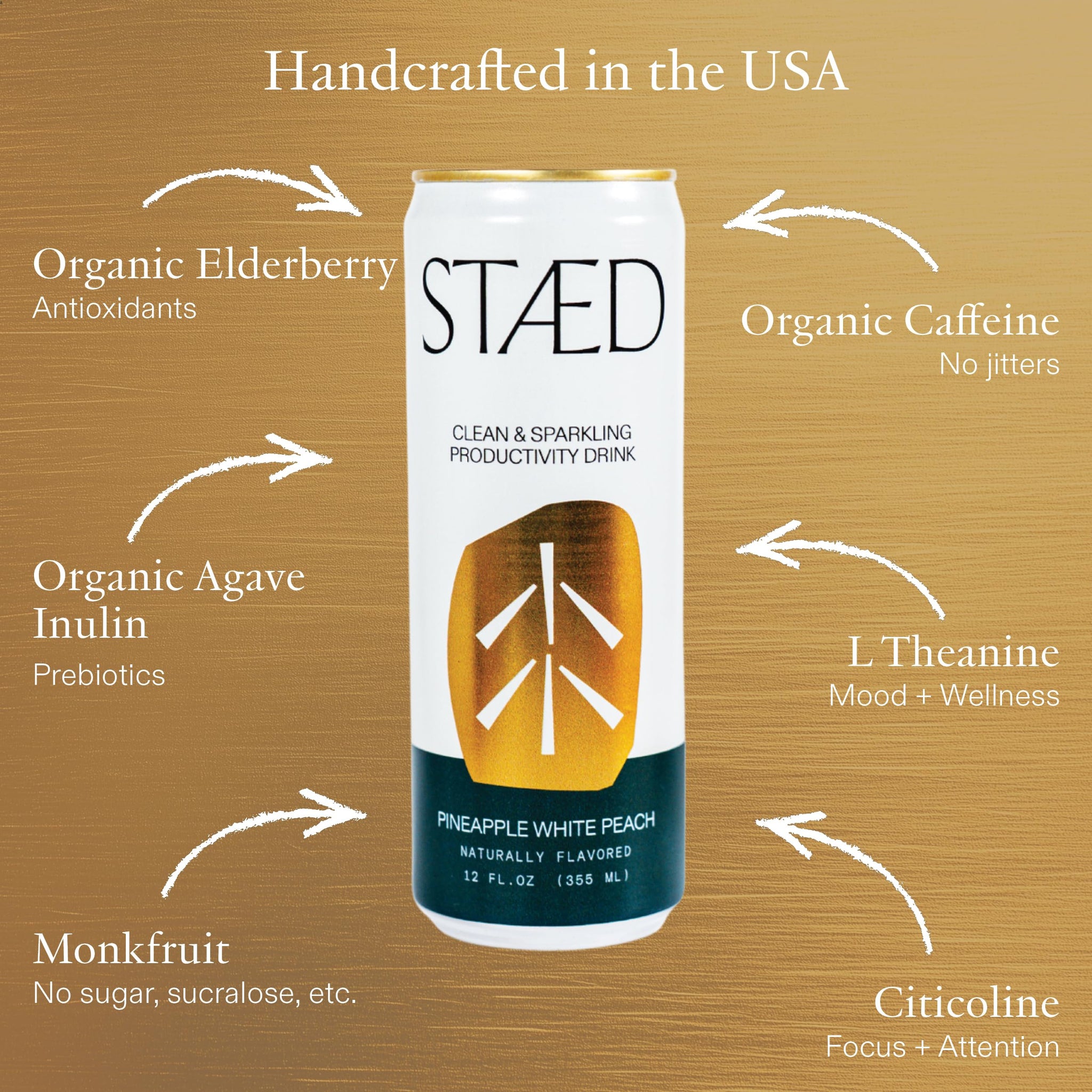 STAED Organic Energy Drinks, Clean Natural Productivity Drink with Cognizin® Citicoline & L-Theanine, Sparkling Functional Beverage, Clean Caffeine
