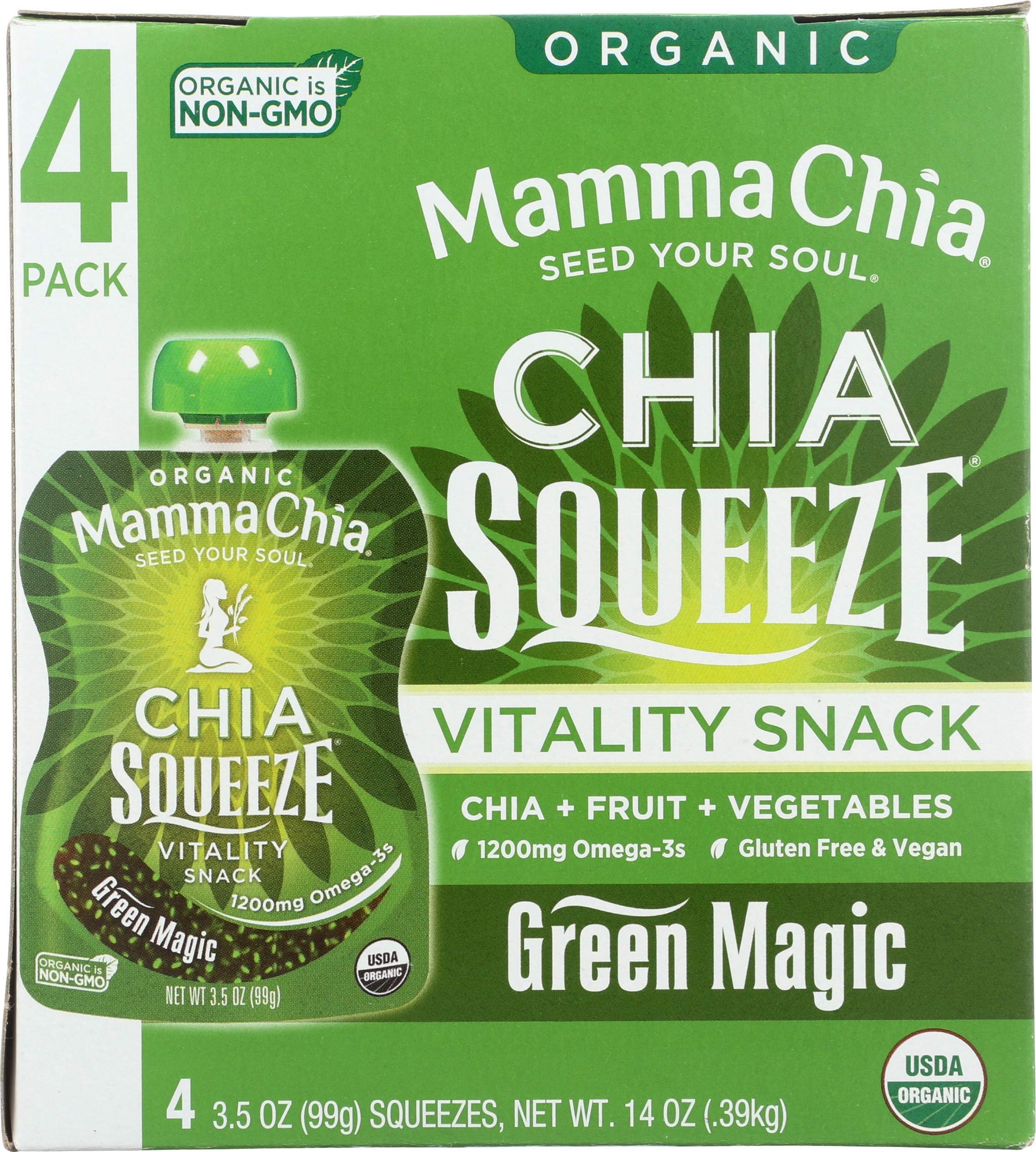 Mamma Chia Organic Vitality Squeeze Snack, Green Magic, USDA Organic, Non-GMO, Vegan, Gluten Free, and Kosher. Fruit and Vegetables with only 70