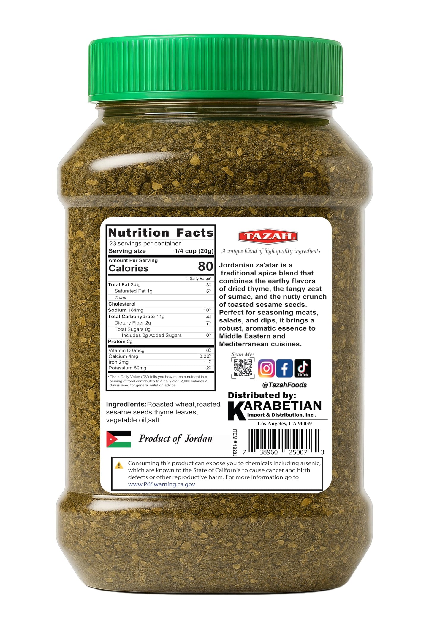 Tazah Zaatar Seasoning 16oz Jordanian Za'atar Thyme Mixture Green Zatar Mediterranean Seasoning in Jar (1lb 454g)