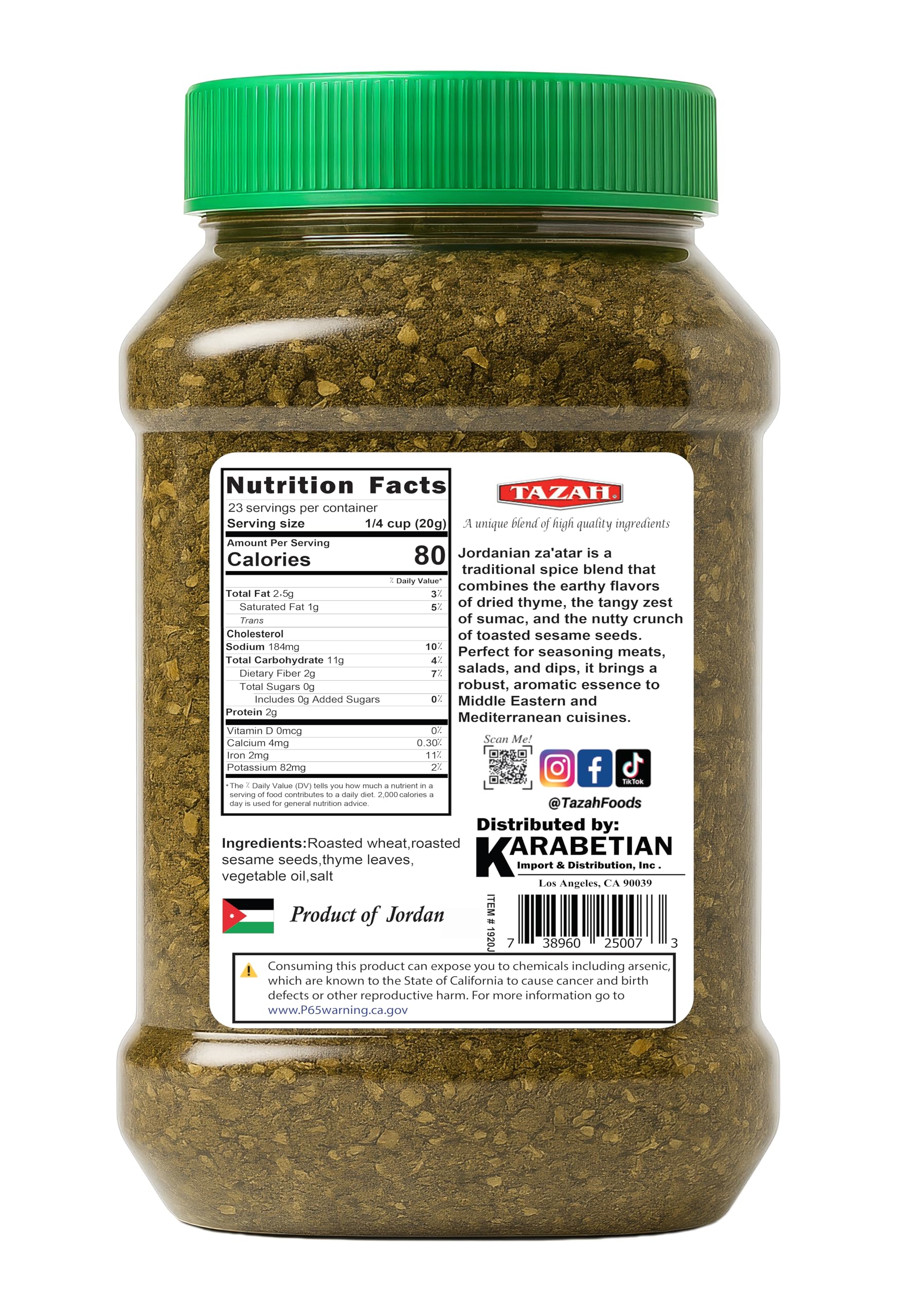 Tazah Zaatar Seasoning 16oz Jordanian Za'atar Thyme Mixture Green Zatar Mediterranean Seasoning in Jar (1lb 454g)