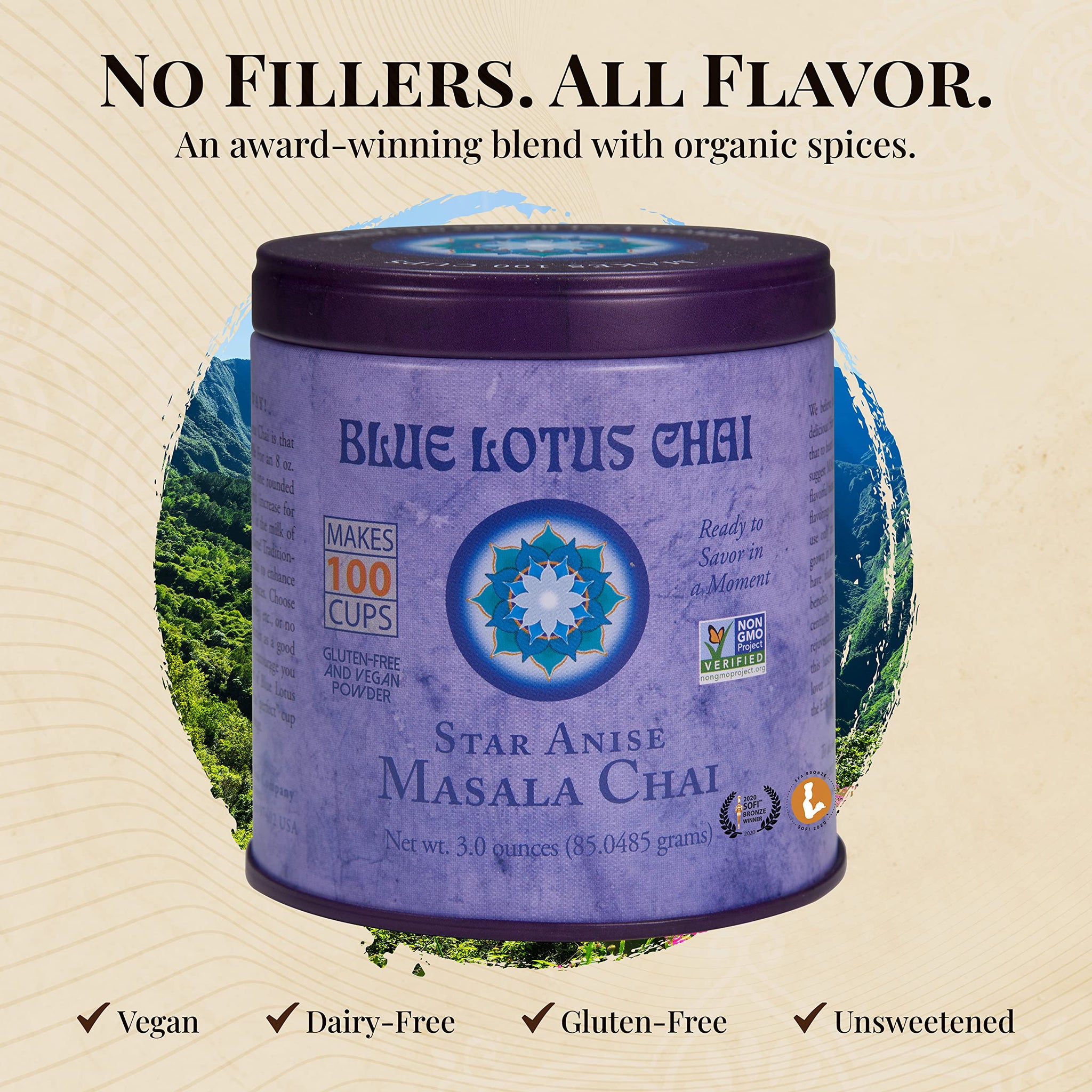 Blue Lotus Chai - Star Anise Masala Chai - Makes 100 Cups - 3 Ounce Masala Spiced Chai Powder with Organic Spices - Instant Indian Tea No Steeping