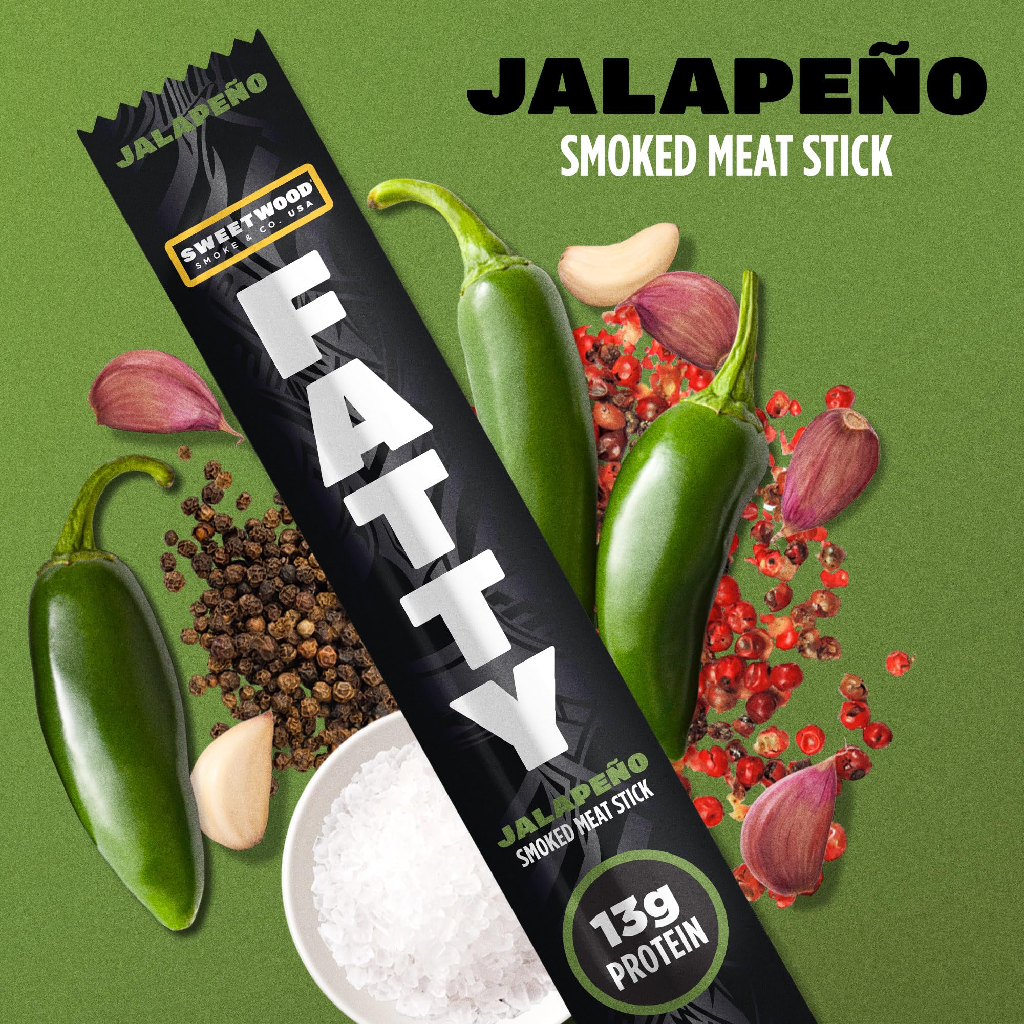 FATTY Meat Sticks, Made with Grass Fed Beef, Pork Raised Without Antibiotics, 13g Protein Per Stick, Jalapeno, 2 oz. (Pack of 5)
