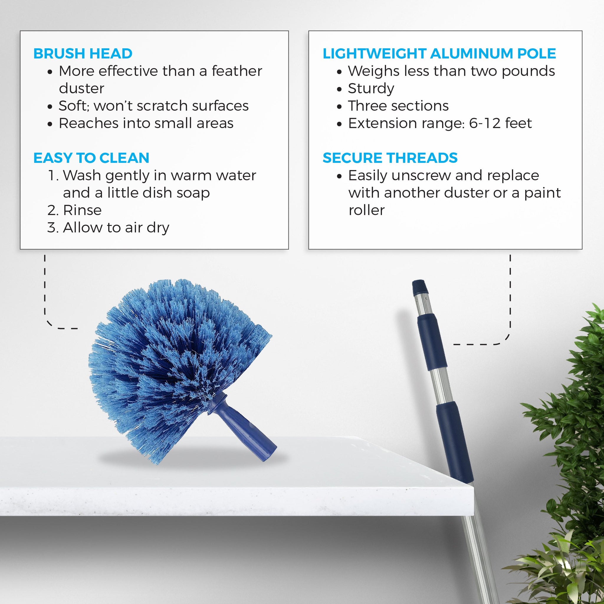 Cobweb Duster Extendable 18 Foot High Reach Ceiling Fan Duster | 3-Stage Aluminum Telescoping Pole | Medium Stiff Bristles | Long Handle Webster