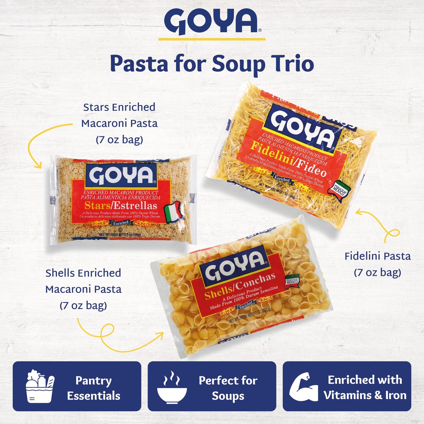 Goya Pasta for Soup Trio, Fidelini Pasta, Stars Enriched Macaroni Pasta, Shells Enriched Macaroni Pasta, Pasta Variety Pack, Soup Pasta Sampler, 7oz