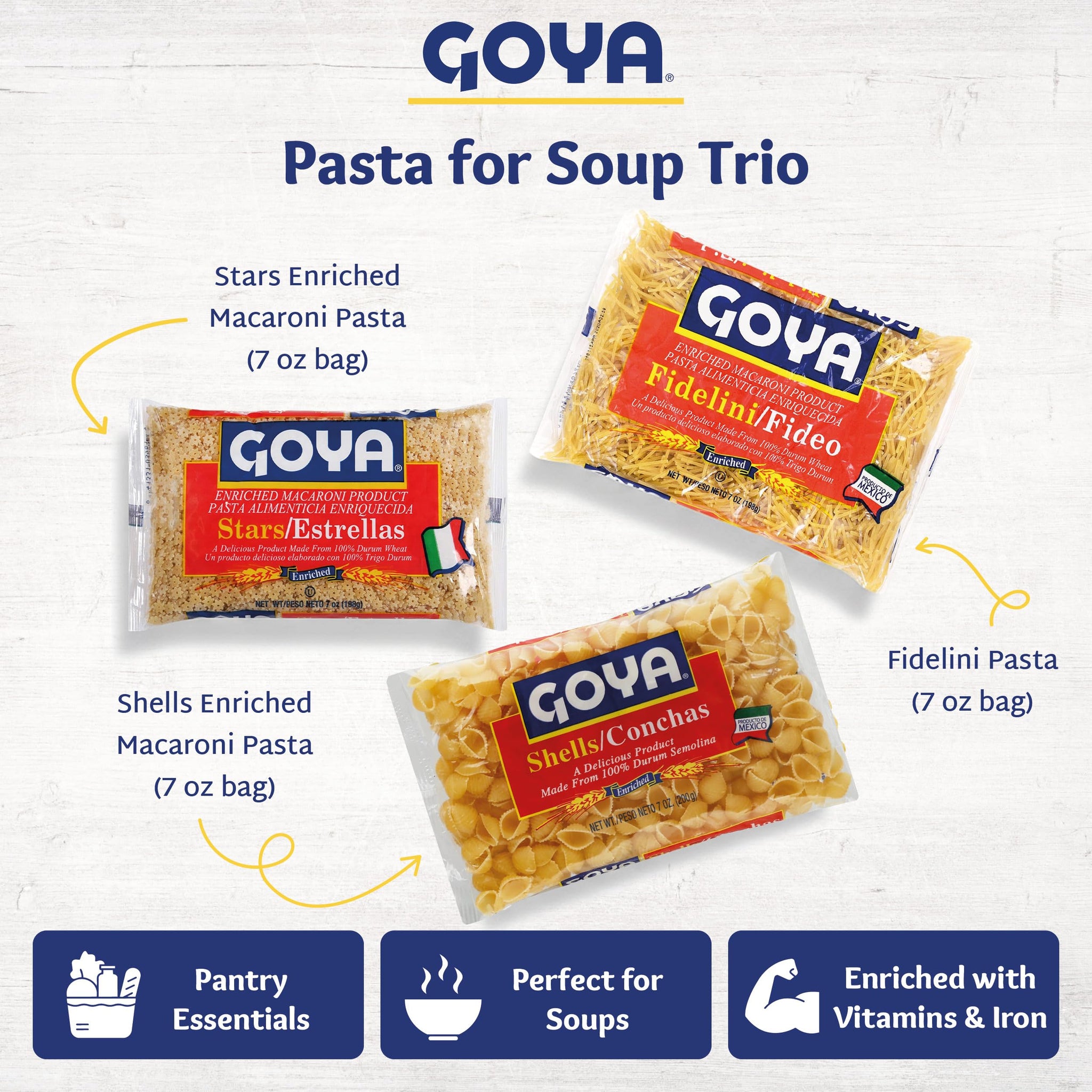 Goya Pasta for Soup Trio, Fidelini Pasta, Stars Enriched Macaroni Pasta, Shells Enriched Macaroni Pasta, Pasta Variety Pack, Soup Pasta Sampler, 7oz