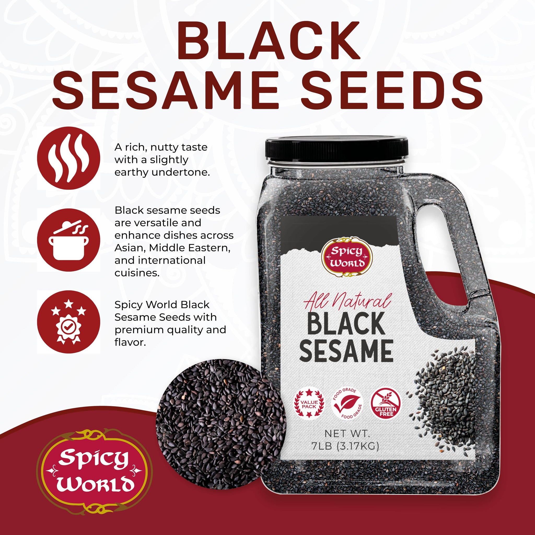 Black Sesame Seeds 7 LB Bulk Jar - All Natural, Pure, Non-GMO, Freshly Packed Sesame Seeds, Unhulled & Gluten Free by Spicy World