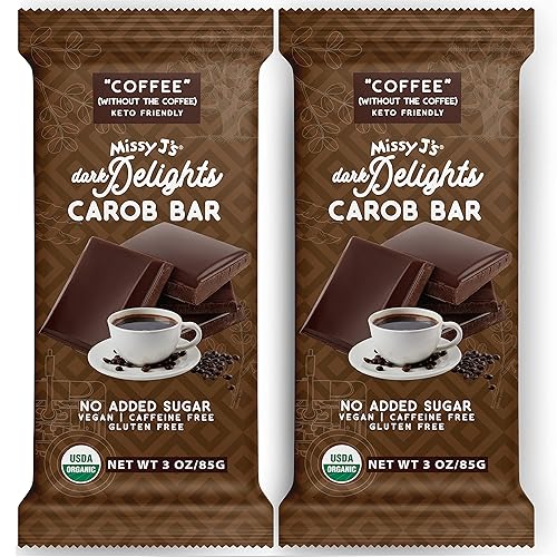 Missy J's Organic Carob Dark Delights Unsweetened Coffee Candy Bar 3 Oz 2 Pack | Vegan, Gluten and Caffeine Free, Healthy Substitute for Chocolate