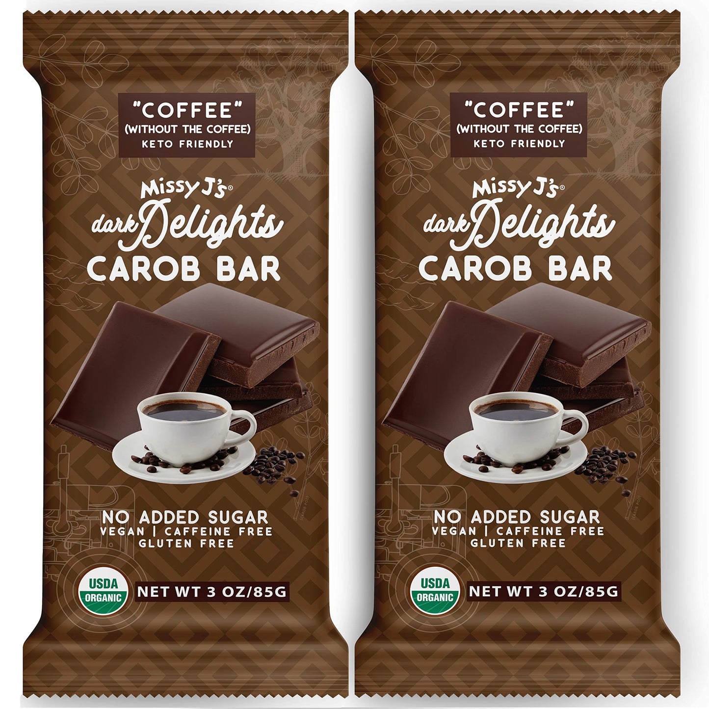 Missy J's Organic Carob Dark Delights Unsweetened Coffee Candy Bar 3 Oz 2 Pack | Vegan, Gluten and Caffeine Free, Healthy Substitute for Chocolate