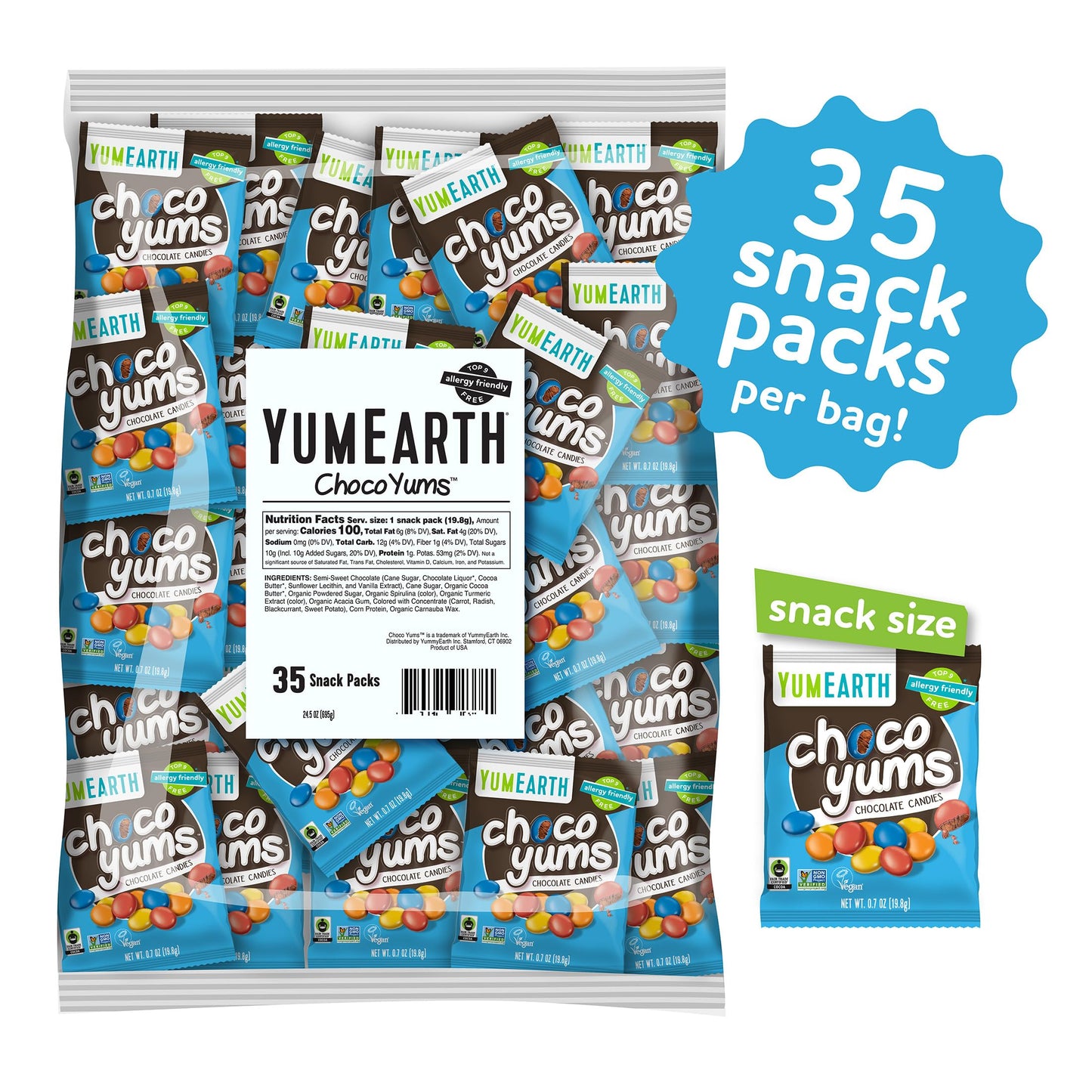 YumEarth Choco Yums Fun Size Vegan Milk Chocolate Candy - Bulk Bag of Dairy, Allergen and Dye Free Chocolate Candy Packs for Halloween - 35 Count