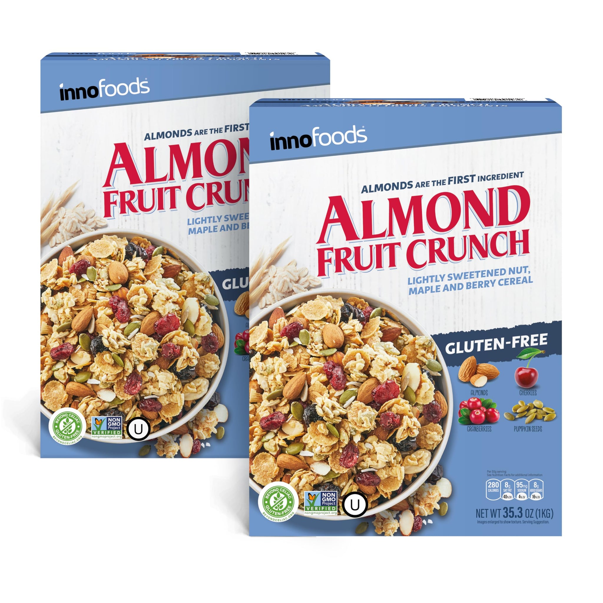 Inno Foods Almond Fruit Crunch Cereal, Maple-Sweetened, Gluten Free, Non-GMO, 2 Pack, 35.3 oz Each