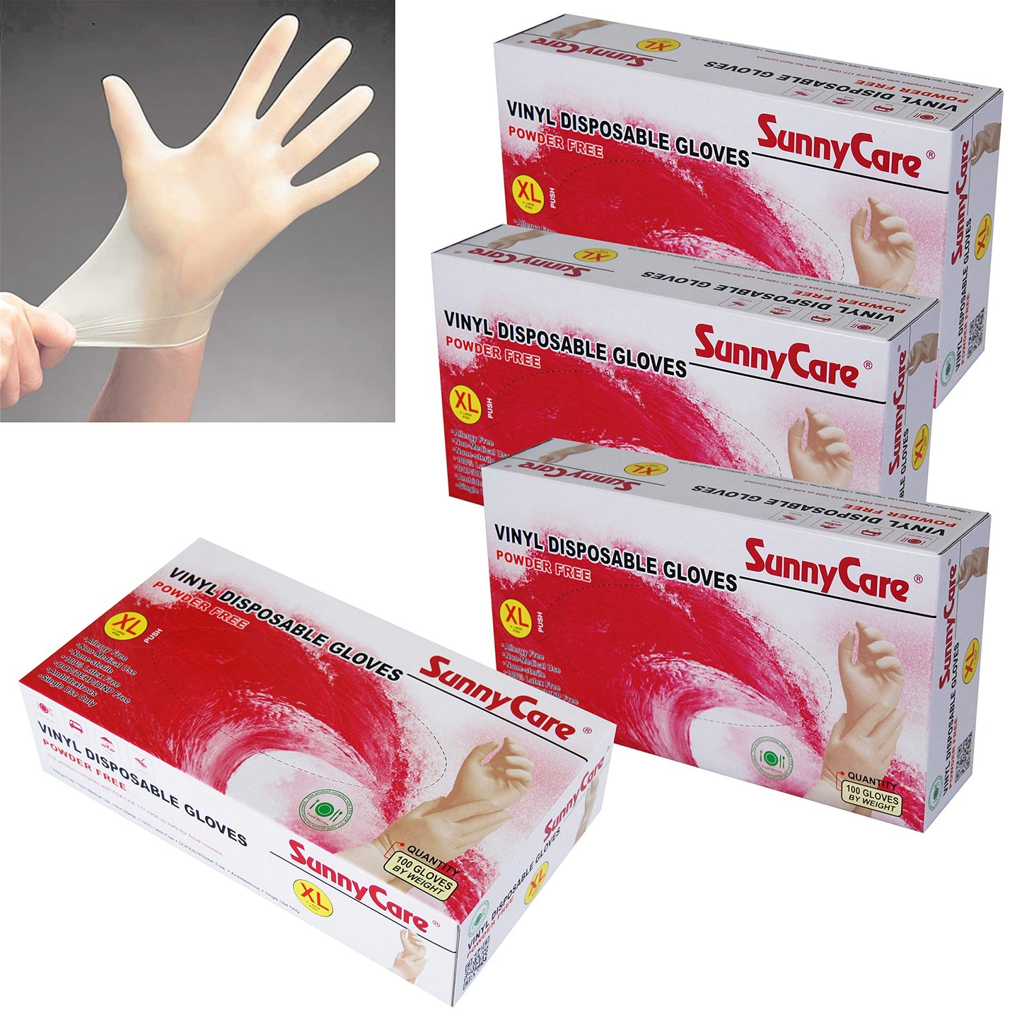 SunnyCare Vinyl Gloves Powder Free Food Service (Latex Nitrile Free) XL 4 Box/400pcs