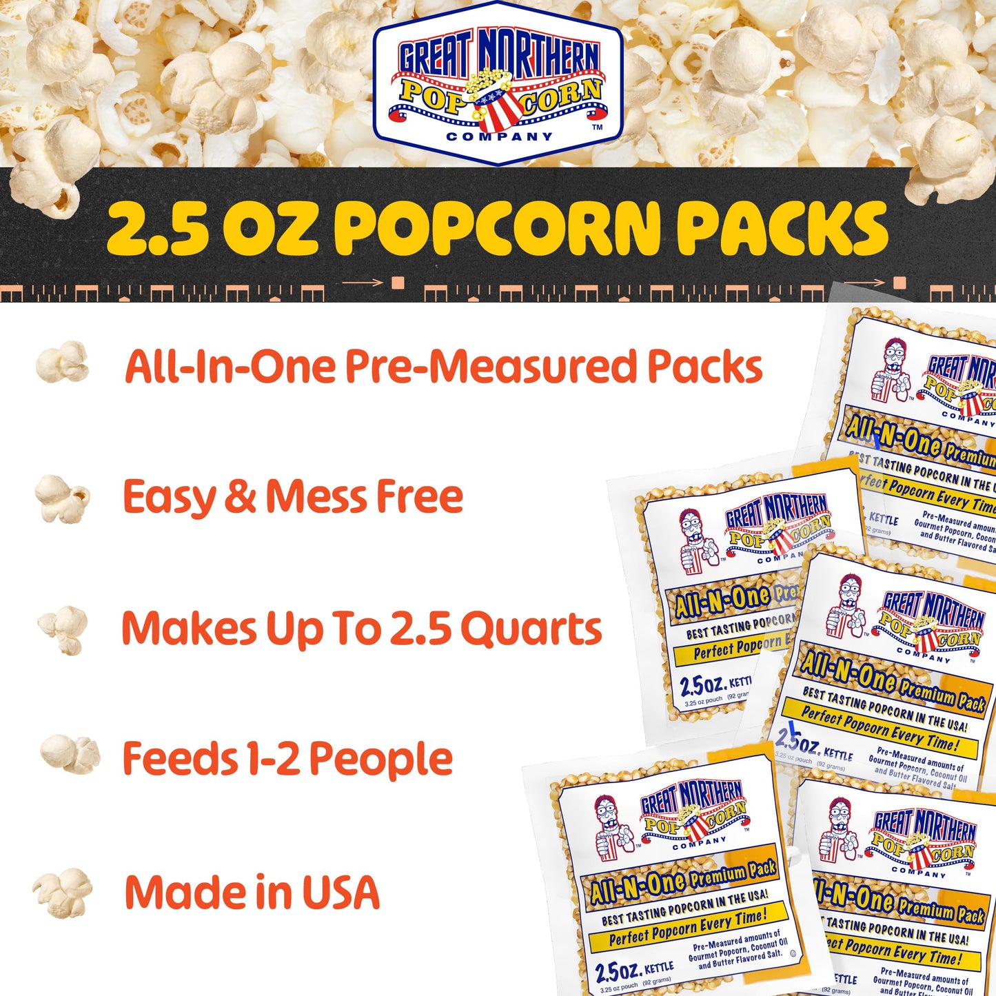 Movie Theater Style 5-Count Popcorn Packs-Pre-Measured 2.5 Ounce All-in-One Kernel, Salt, Oil Packets for Popping Machines by Great Northern Popcorn