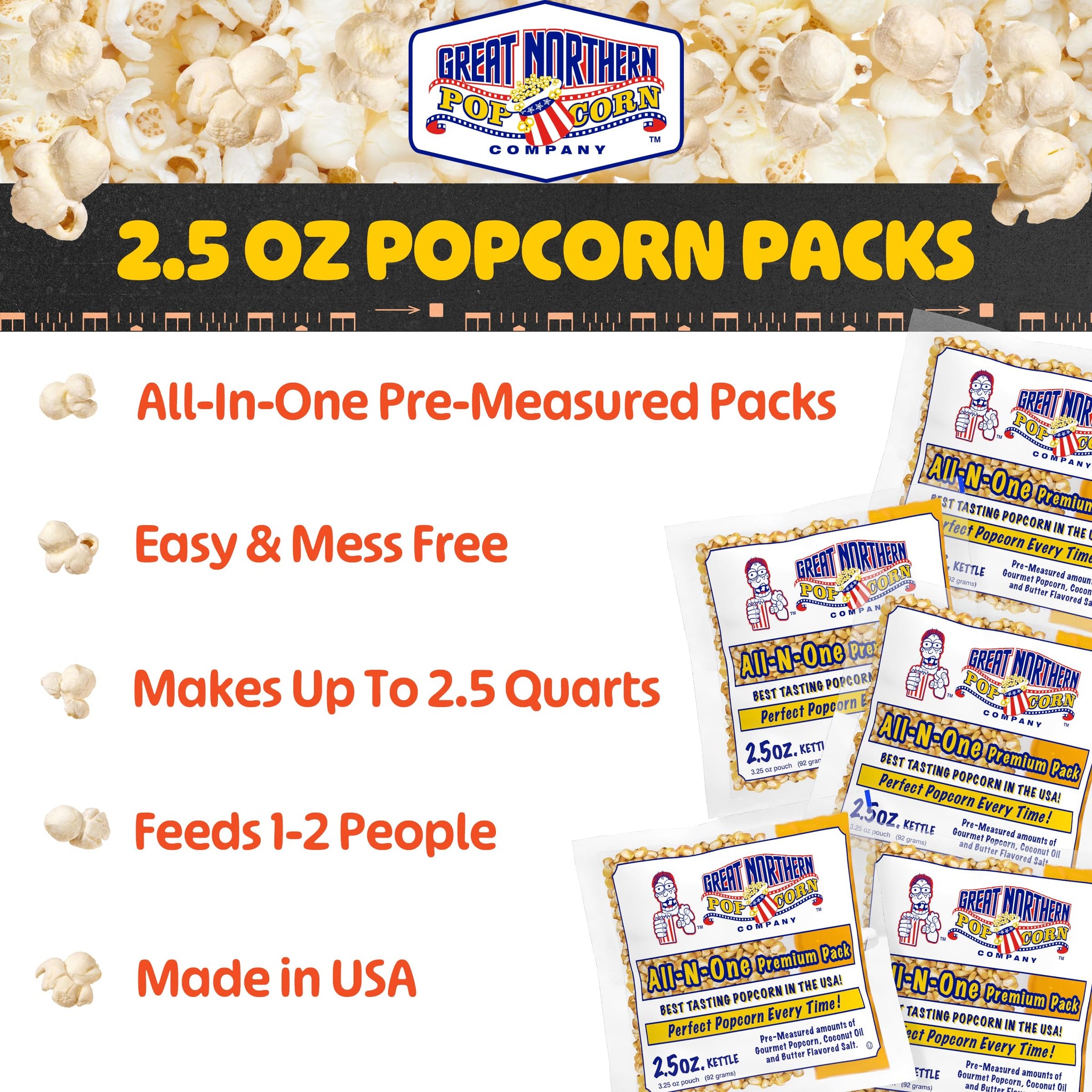 Movie Theater Style 5-Count Popcorn Packs-Pre-Measured 2.5 Ounce All-in-One Kernel, Salt, Oil Packets for Popping Machines by Great Northern Popcorn