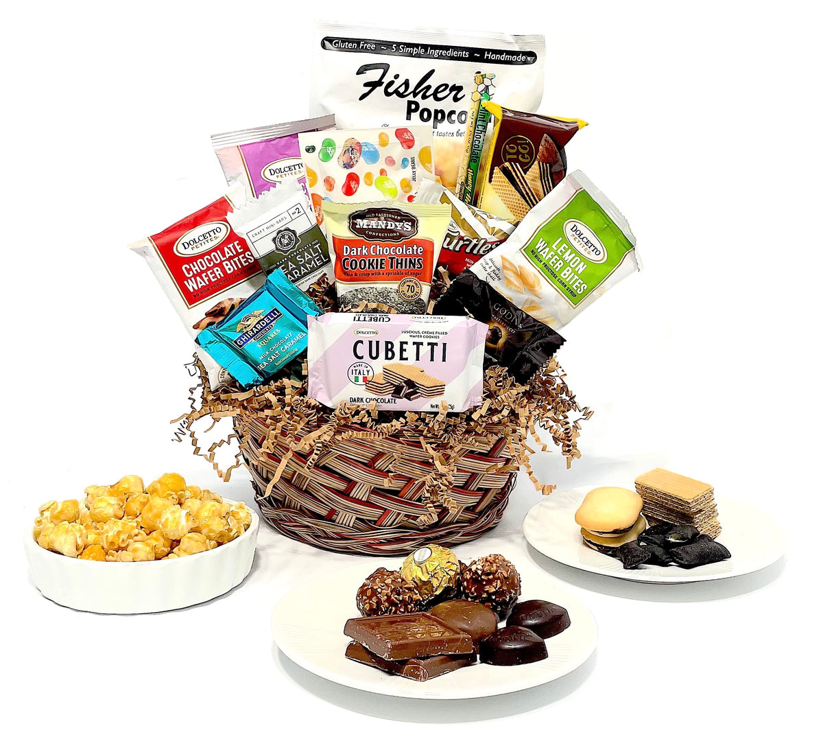 Hand-Crafted 14 Piece customizable chocolate gift basket of gourmet chocolates, cookies, and crunches. Tasty treats selected for businesses, clients