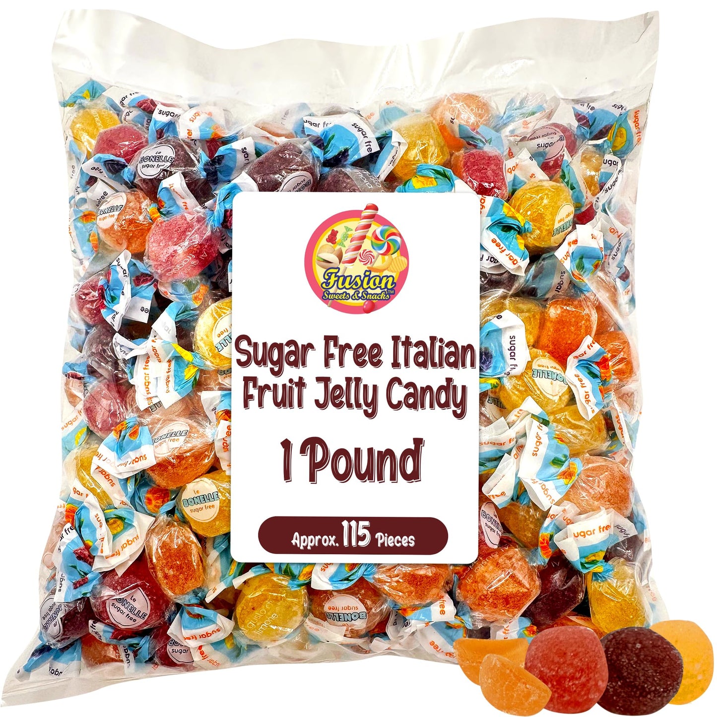 Sugar Free Bonelle Italian Fruit Jelly Candy - 1 Pound (Approx. 115 Pieces) - Sugar Free Candy Individually Wrapped - Perfect For Snacks, Movie