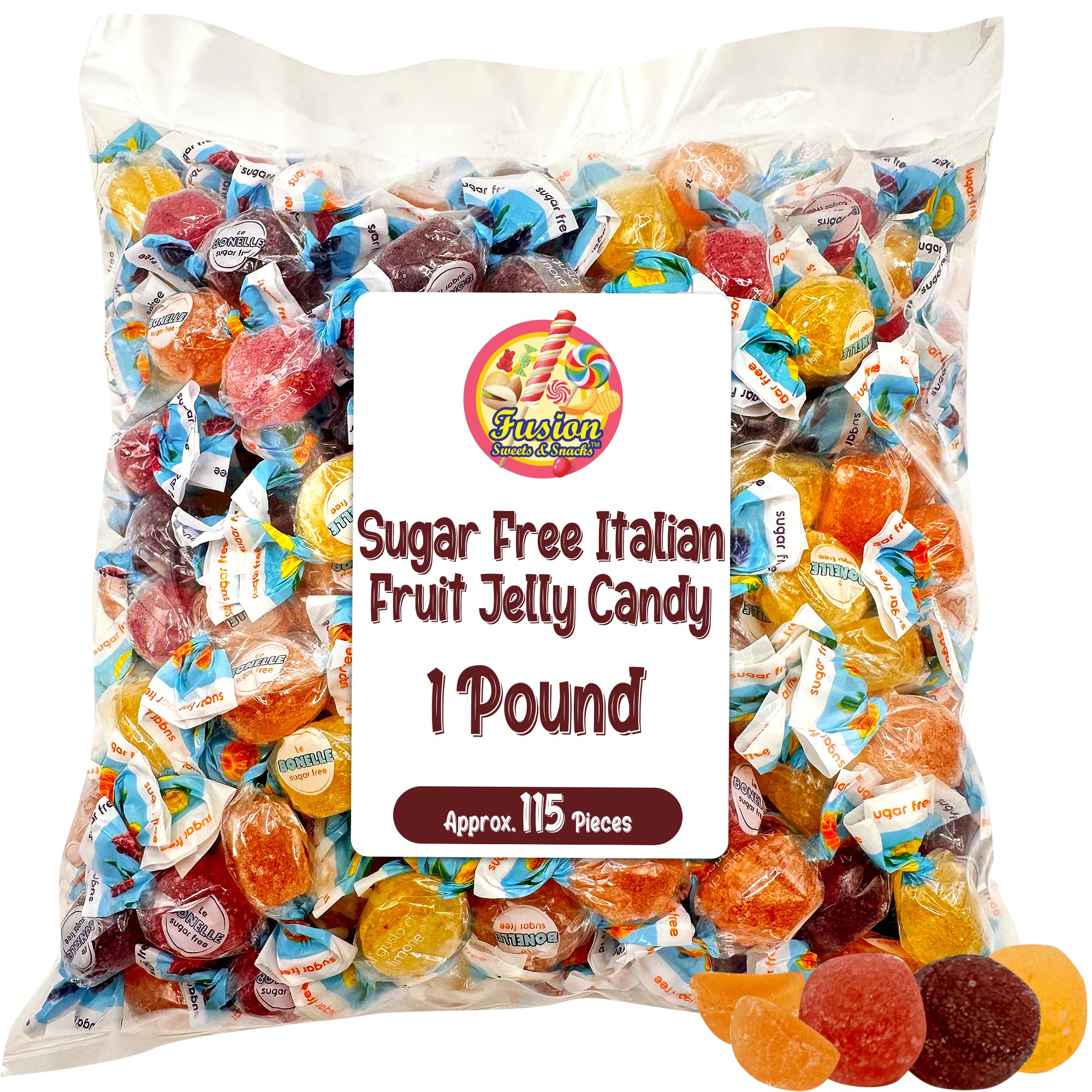 Sugar Free Bonelle Italian Fruit Jelly Candy - 1 Pound (Approx. 115 Pieces) - Sugar Free Candy Individually Wrapped - Perfect For Snacks, Movie