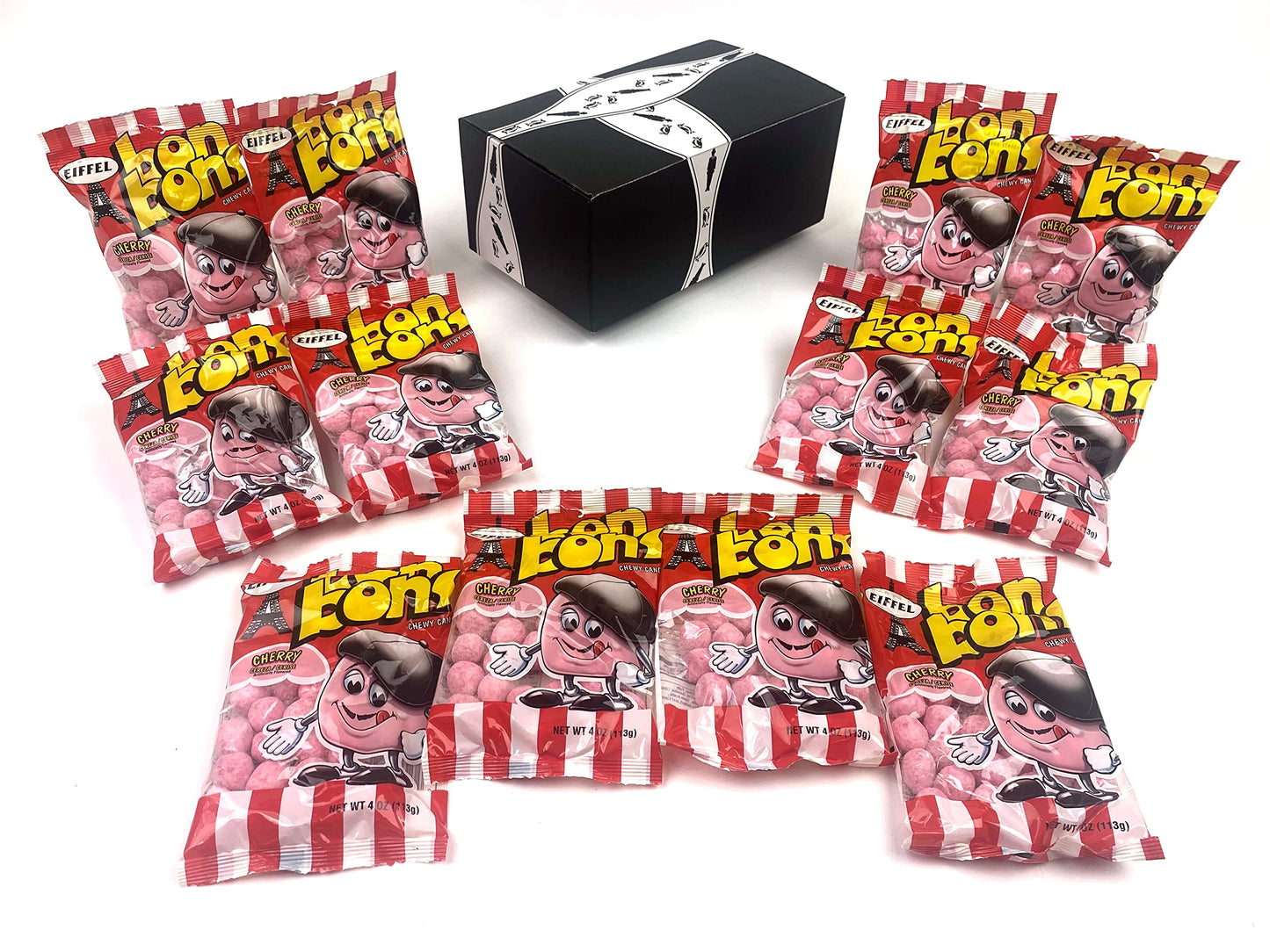 Eiffel Cherry Bon Bons Chewy Candy, 4 oz Bags in a BlackTie Box (Pack of 12)