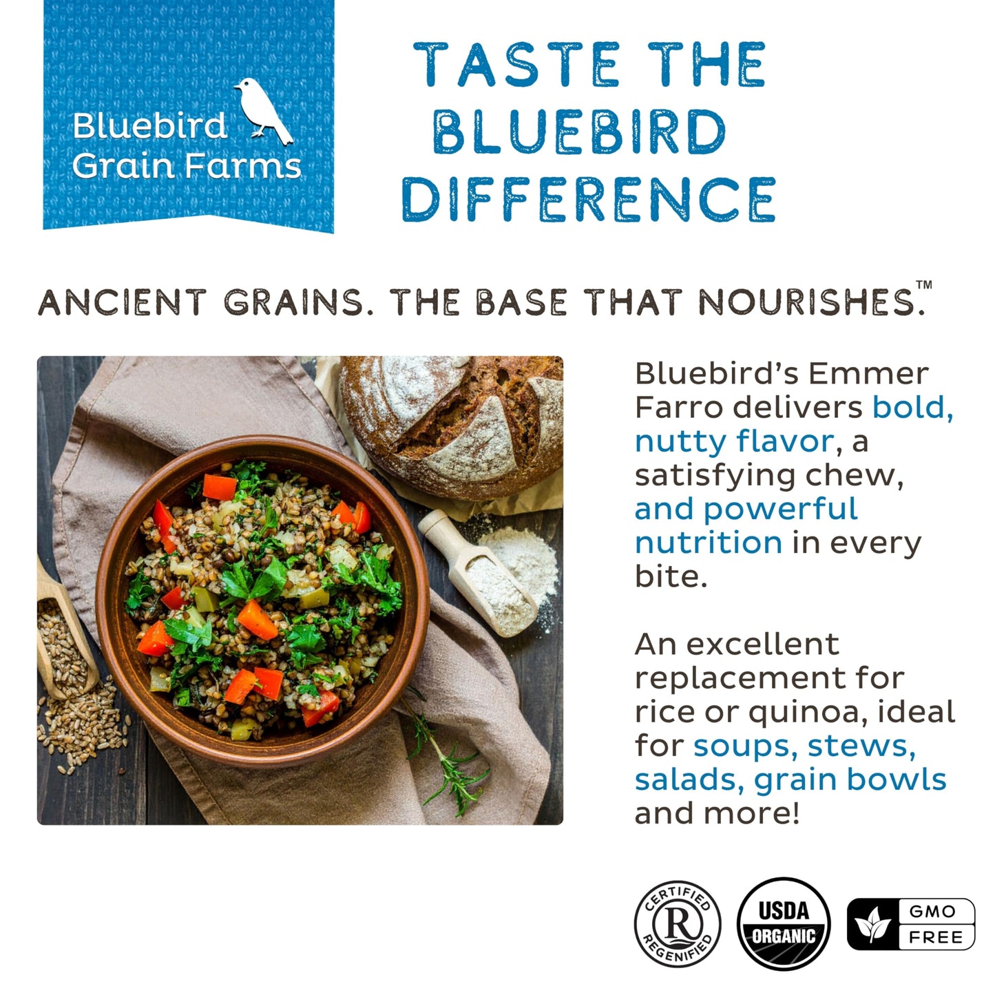 Bluebird Grain Farms Organic Whole Grain Emmer Farro, 5 Lb.