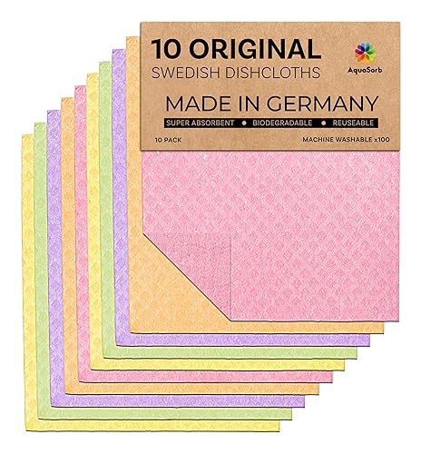 Aquasorb Swedish Dishcloths for Kitchen 10 Pack - Reusable Swedish Dish Cloths That Don't Smell, OEKO-TEX Certified Eco-Friendly Dish Cloths