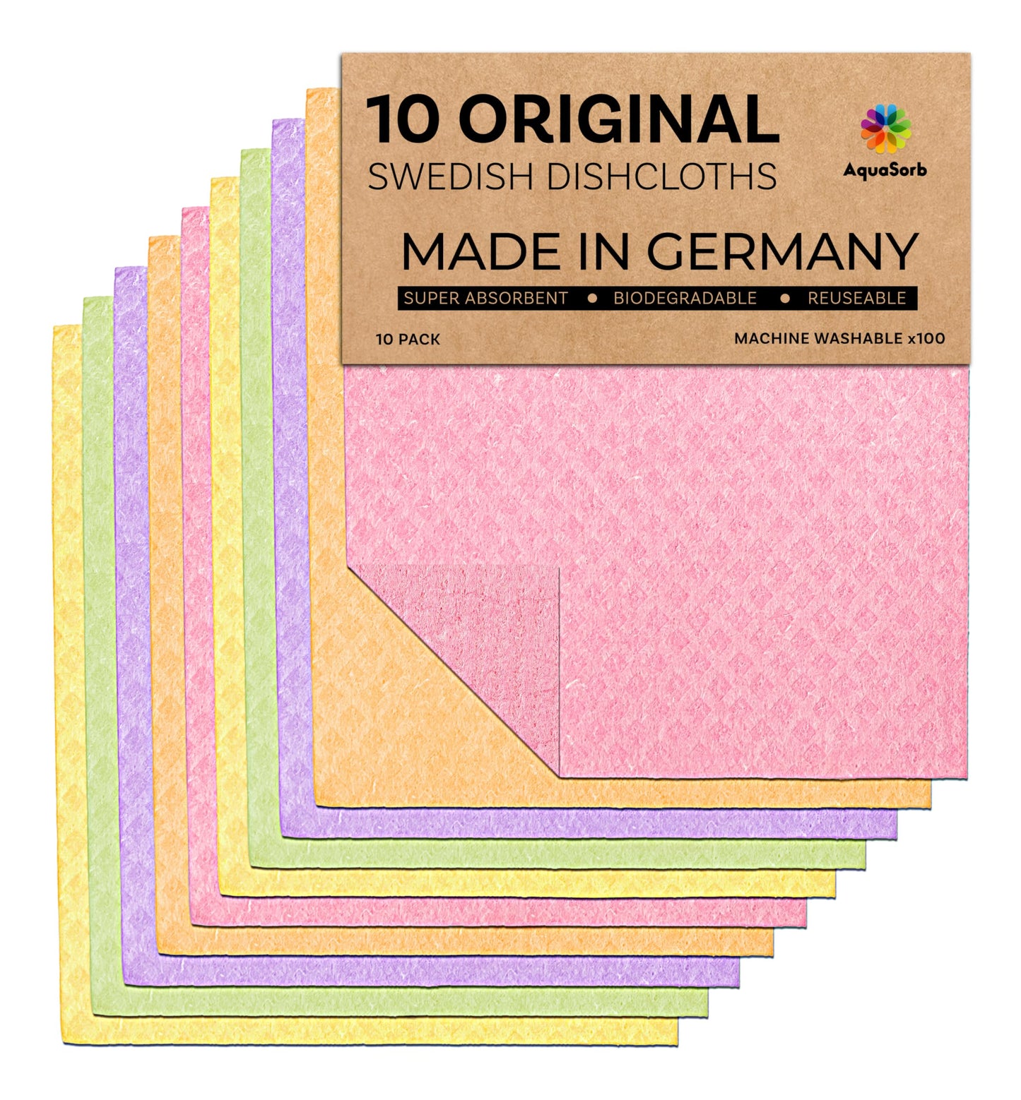 Aquasorb Swedish Dishcloths for Kitchen 10 Pack - Reusable Swedish Dish Cloths That Don't Smell, OEKO-TEX Certified Eco-Friendly Dish Cloths