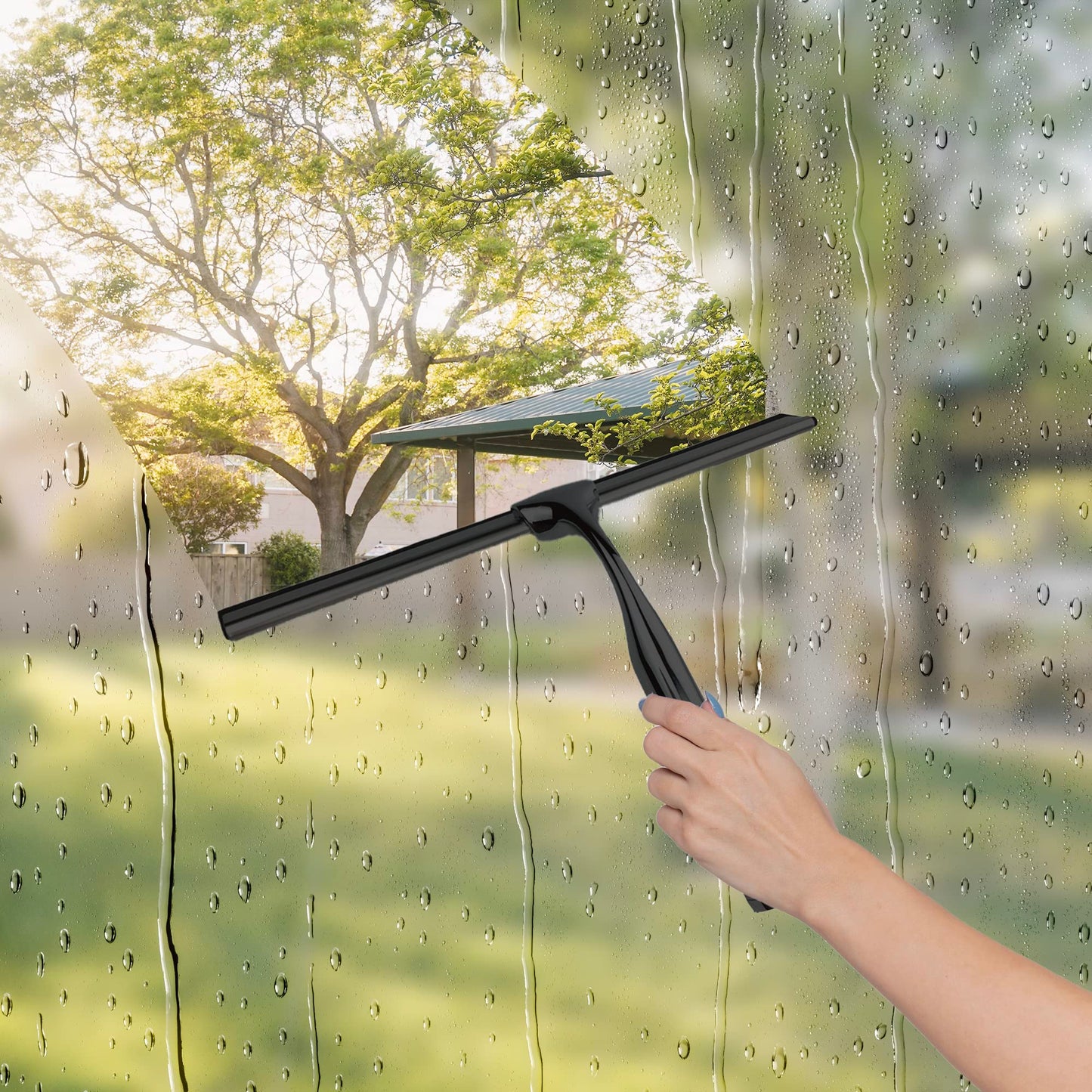 Matte Black Shower Squeegee for Glass Doors with Adhesive Hooks, Squeegee for Shower Glass, Cleaner Tool for Bathroom Household Window Mirror Tile