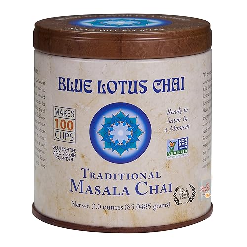 Blue Lotus Chai - Traditional Masala Chai - Makes 100 Cups - 3 Ounce Masala Spiced Chai Powder with Organic Spices - Instant Indian Tea No Steeping