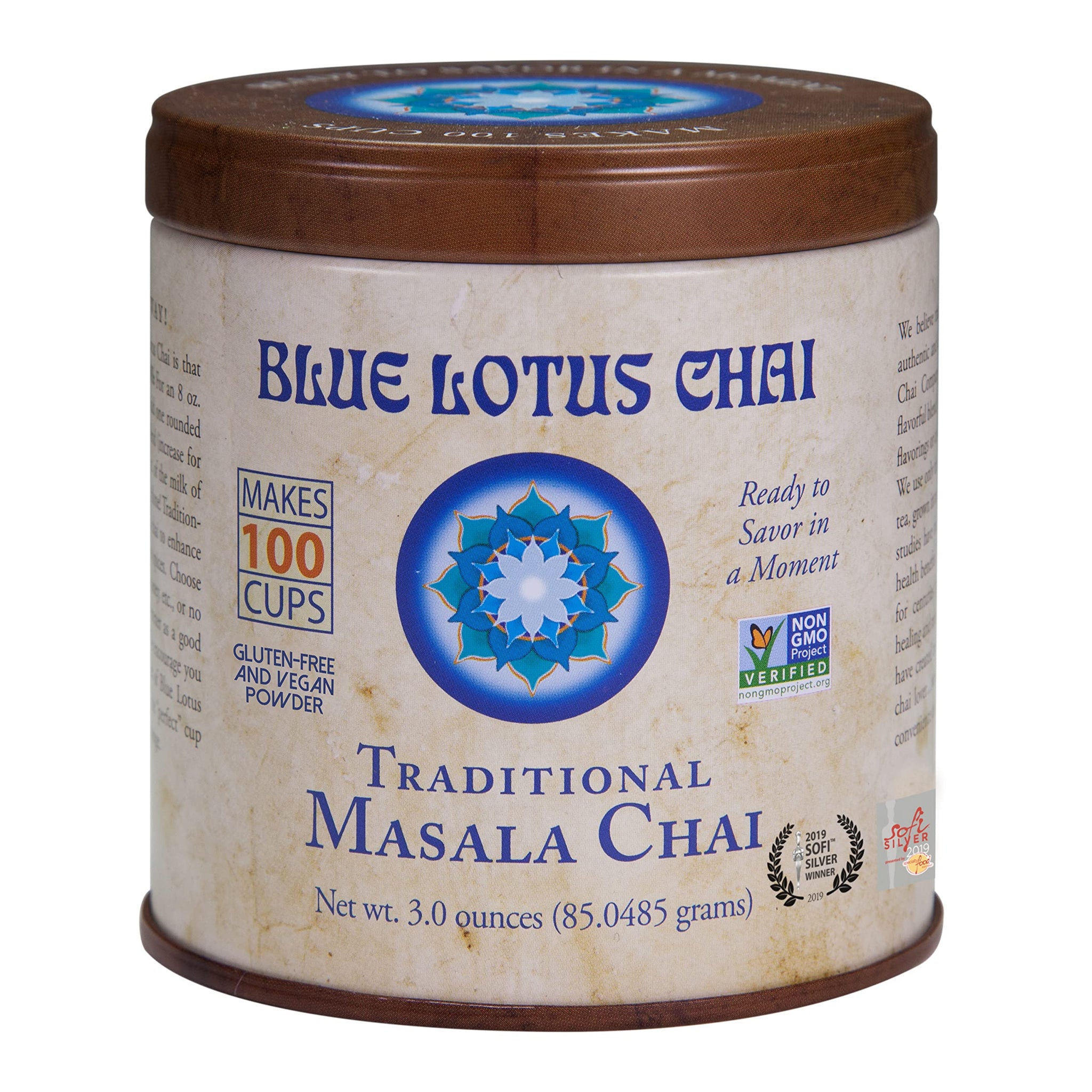 Blue Lotus Chai - Traditional Masala Chai - Makes 100 Cups - 3 Ounce Masala Spiced Chai Powder with Organic Spices - Instant Indian Tea No Steeping