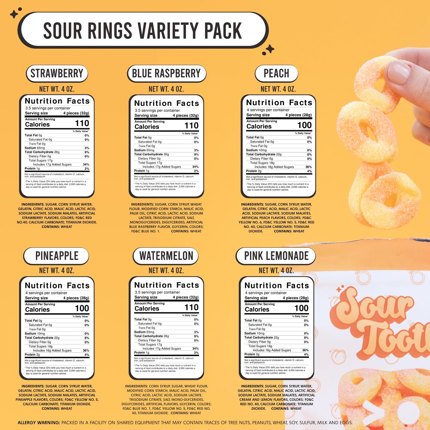 Tropical Sour Rings Candy, 6 Pack Gummy Sour Rings, Watermelon, Pineapple, Pink Lemonade, Blue Raspberry, Peach & Strawberry, Super Sour Rings, Fresh
