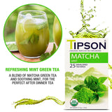 Tipson Organic Matcha Green Tea - Mint - 25 Foil Enveloped Double Chambered Bags - Keto/Paleo