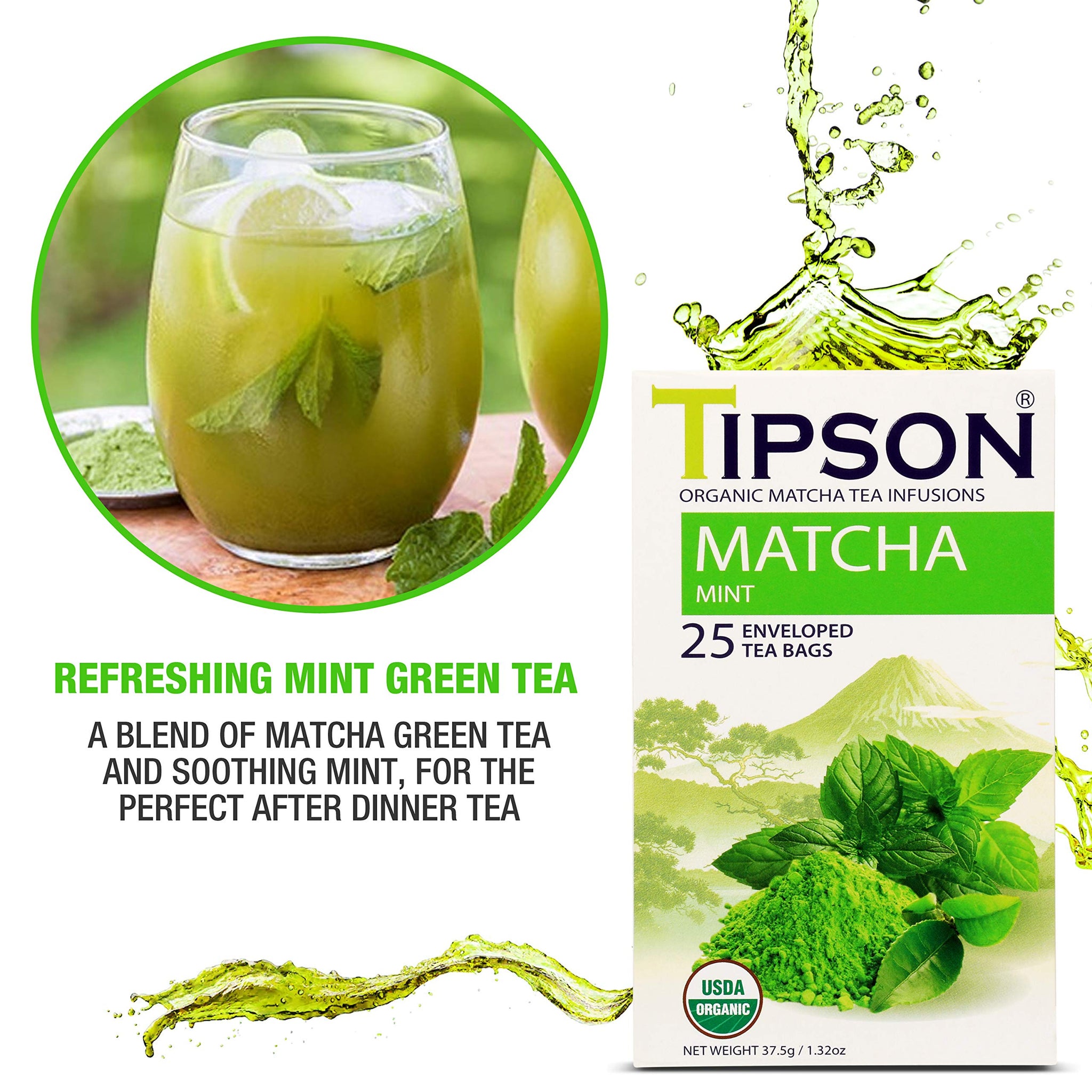 Tipson Organic Matcha Green Tea - Mint - 25 Foil Enveloped Double Chambered Bags - Keto/Paleo