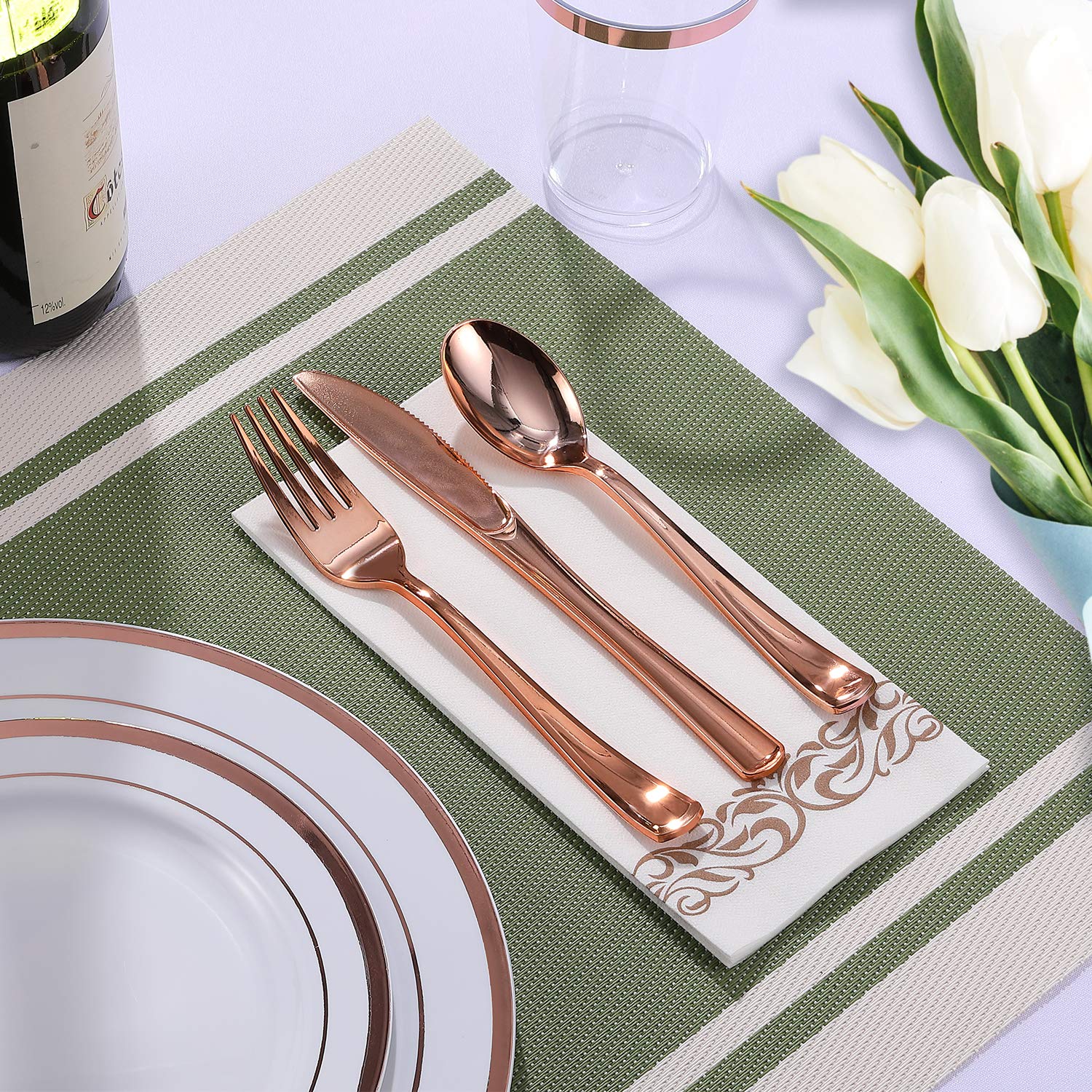 FOCUSLINE 350 Ct Disposable Dinnerware Set for 50 Guests -Heavy Duty Plastic Plates with Rose Gold Rim, Includes 50 Dinner & Salad Plates, Cups