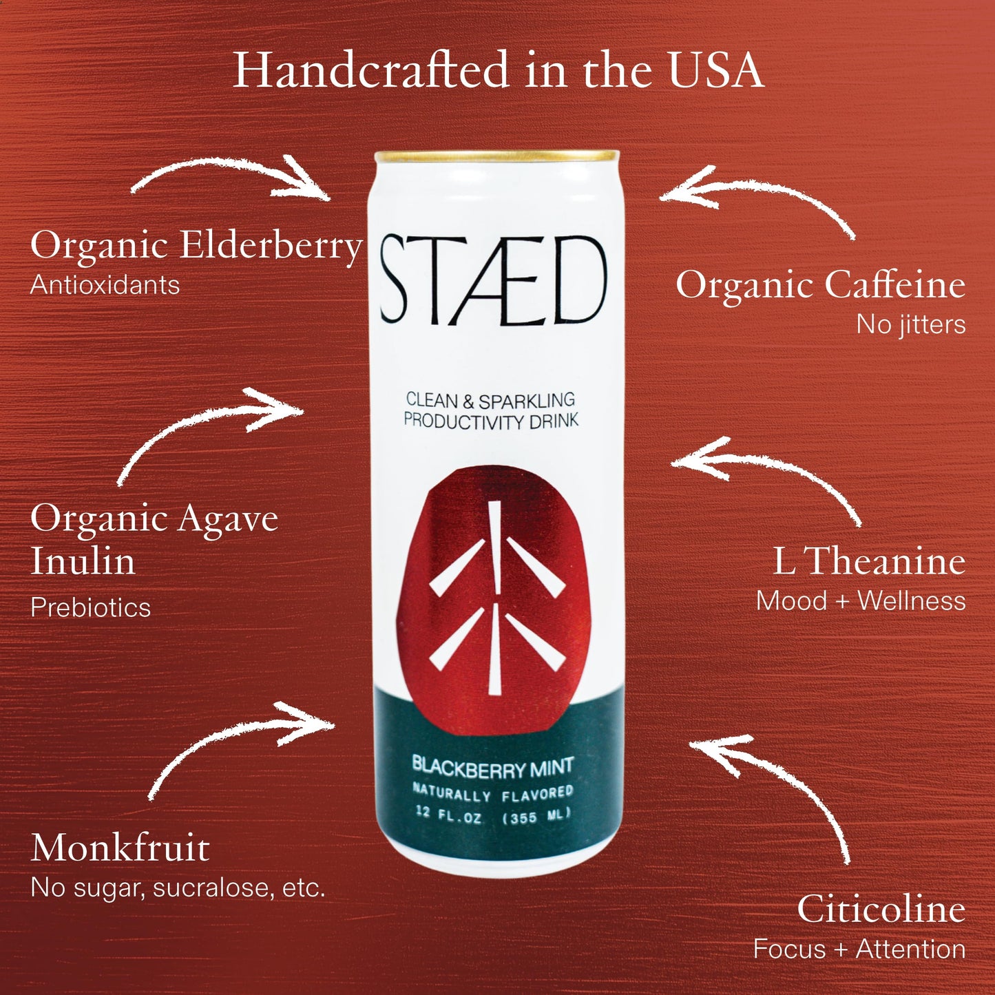 STAED Organic Energy Drinks, Clean Natural Productivity Drink with Cognizin® Citicoline & L-Theanine, Sparkling Functional Beverage, Clean Caffeine