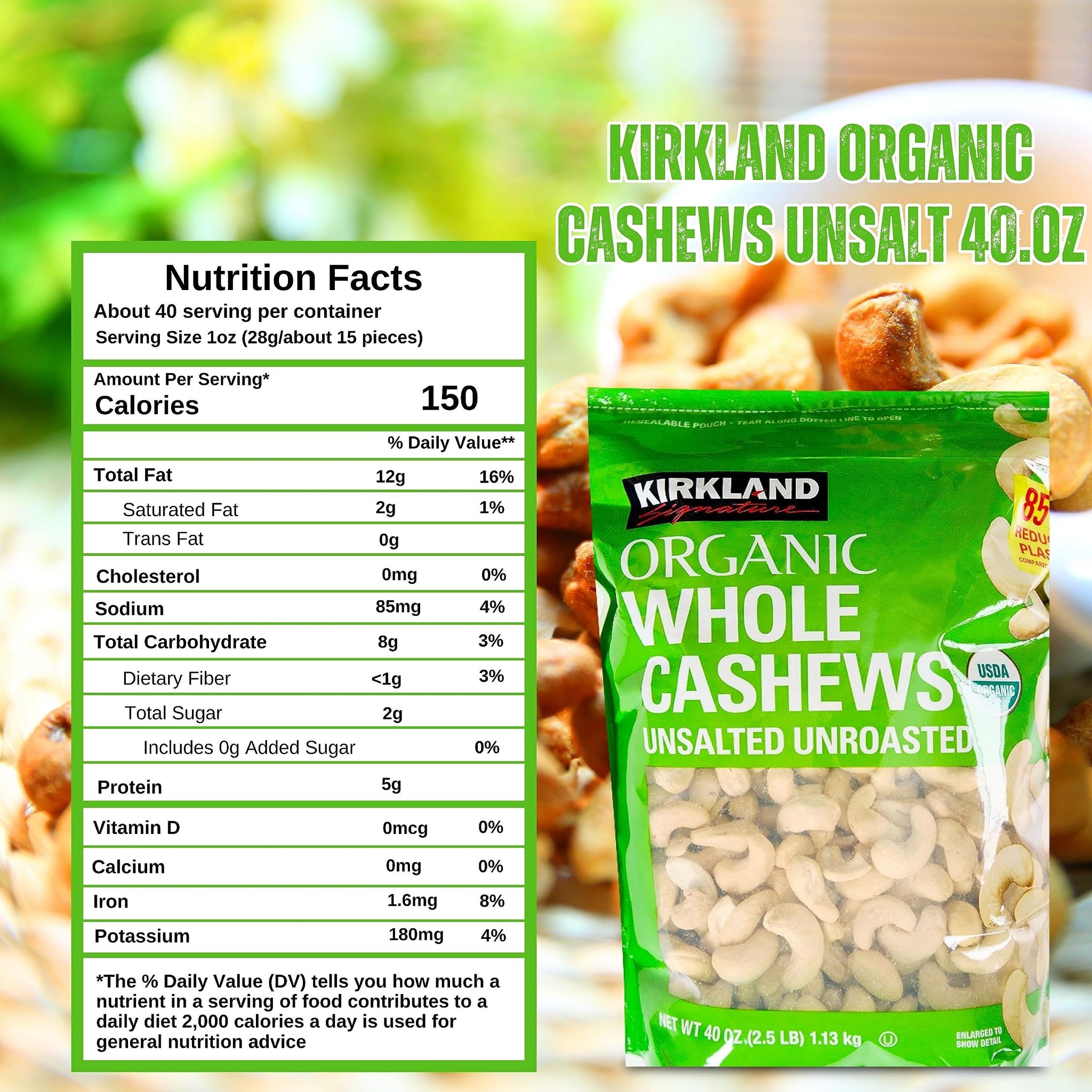 Worldwide Nutrition Bundle: Kirkland Signature Organic Whole Cashews Unsalted Unroasted - Perfect for Snacking, Cooking, and Gifting - 40 Ounce Cashew