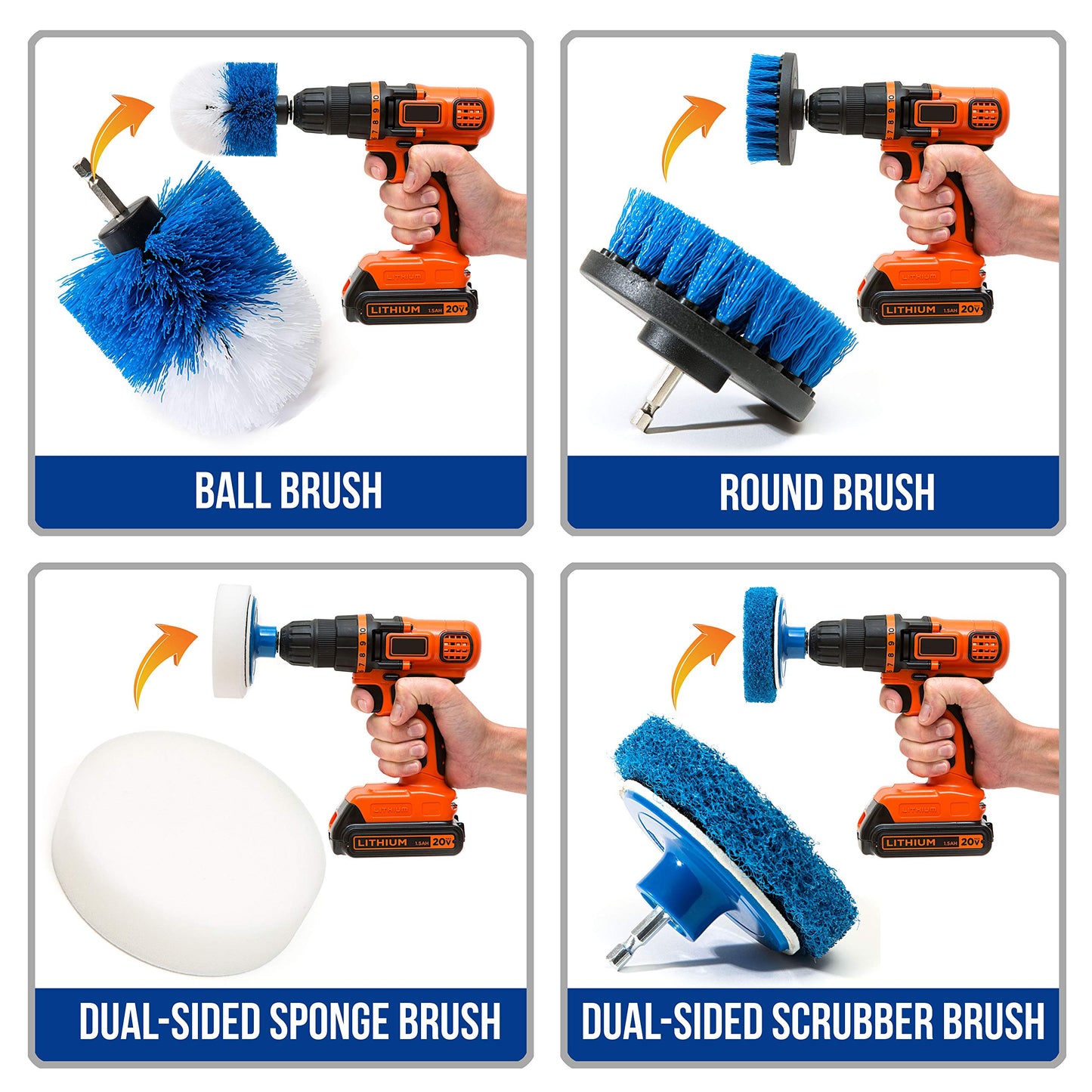 RevoClean 4 Piece Scrub Brush Power Drill Attachments-All Purpose Time Saving Kit-Perfect for Cleaning Grout, Tile, Counter, Shower, Grill, Floor