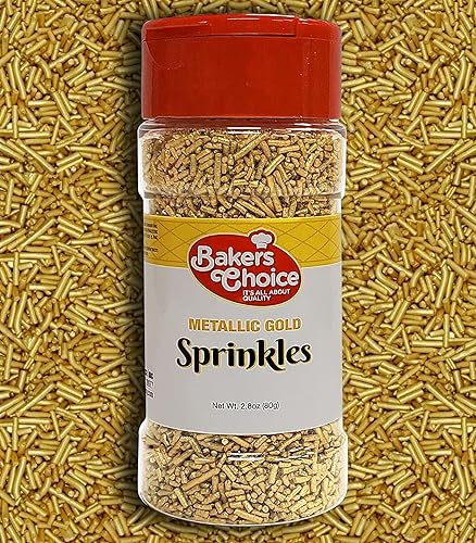 Bakers Choice Metallic Gold Sprinkles for Baking - Jimmies Sprinkles for Ice Cream Toppings - Dairy Free, Kosher 2.8 oz.