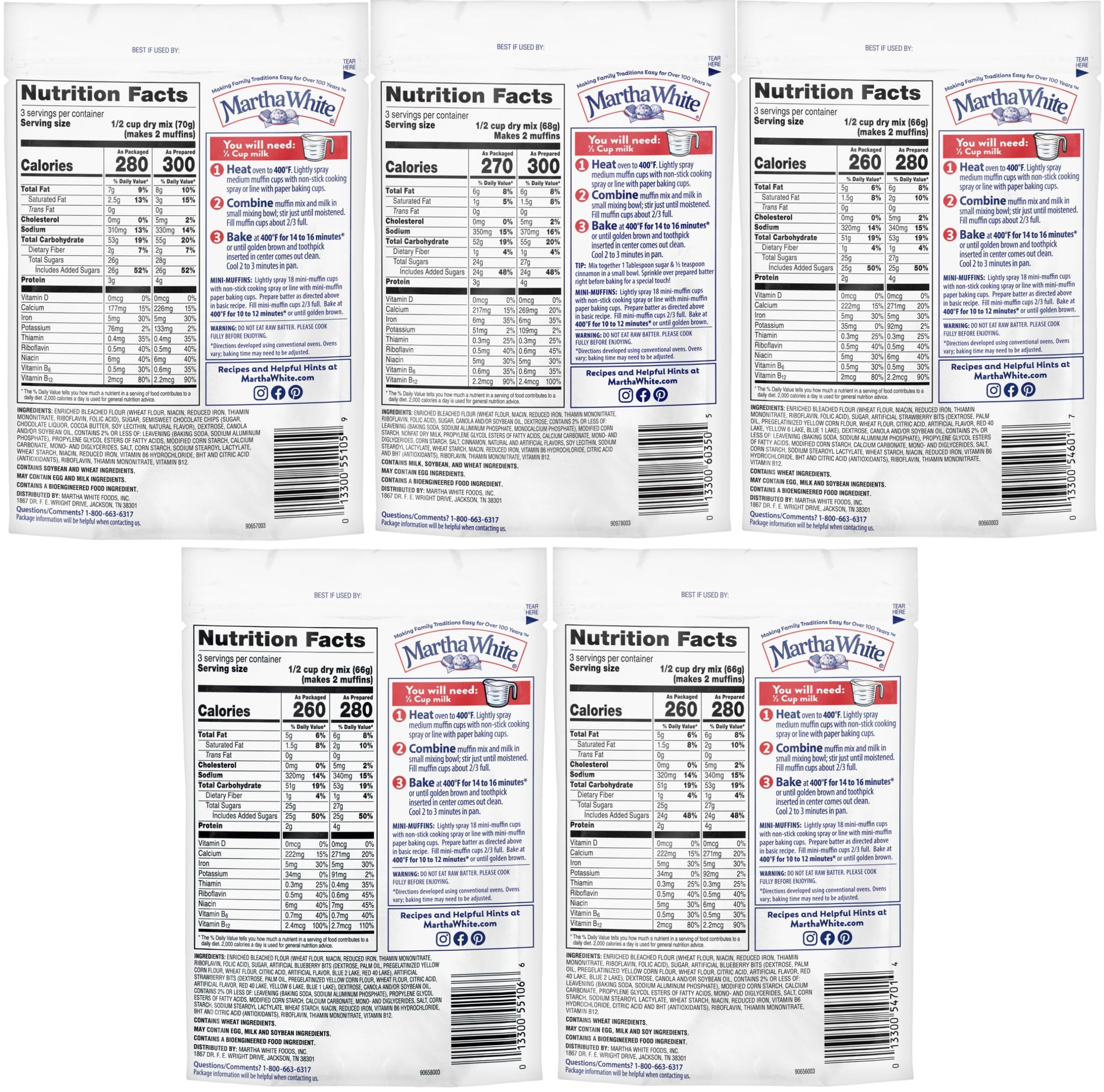 Martha White Muffin Mix Sampler Variety Pack, Pack of 12, Chocolate Chip, Blueberry, Strawberry, Cinnamon Sugar, Wildberry, Just Add Milk