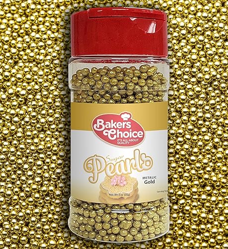 Bakers Choice Edible Pearls - Pearl Sprinkles - Metallic Gold Sugar Pearls - Dairy Free - Kosher - 3 oz.
